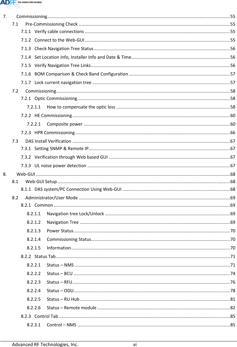 AdvancedRFTechnologies,Inc.  vi7. Commissioning..................................................................................................................................................55 7.1 Pre‐CommissioningCheck.........................................................................................................................55 7.1.1 Verifycableconnections....................................................................................................................55 7.1.2 ConnecttotheWeb‐GUI....................................................................................................................55 7.1.3 CheckNavigationTreeStatus.............................................................................................................56 7.1.4 SetLocationInfo,InstallerInfoandDate&amp;Time...............................................................................56 7.1.5 VerifyNavigationTreeLinks...............................................................................................................56 7.1.6 BOMComparison&amp;CheckBandConfiguration.................................................................................57 7.1.7 Lockcurrentnavigationtree..............................................................................................................57 7.2 Commissioning...........................................................................................................................................58 7.2.1 OpticCommissioning..........................................................................................................................58 7.2.1.1 Howtocompensatetheopticloss...........................................................................................58 7.2.2 HECommissioning..............................................................................................................................60 7.2.2.1 Compositepower.....................................................................................................................60 7.2.3 HPRCommissioning............................................................................................................................66 7.3 DASInstallVerification..............................................................................................................................67 7.3.1 SettingSNMP&amp;RemoteIP.................................................................................................................67 7.3.2 VerificationthroughWebbasedGUI.................................................................................................67 7.3.3 ULnoisepowerdetection..................................................................................................................67 8. Web‐GUI...........................................................................................................................................................68 8.1 Web‐GUISetup..........................................................................................................................................68 8.1.1 DASsystem/PCConnectionUsingWeb‐GUI......................................................................................68 8.2 Administrator/UserMode.........................................................................................................................69 8.2.1 Common.............................................................................................................................................69 8.2.1.1 NavigationtreeLock/Unlock....................................................................................................69 8.2.1.2 NavigationTree........................................................................................................................69 8.2.1.3 PowerStatus.............................................................................................................................70 8.2.1.4 CommissioningStatus...............................................................................................................70 8.2.1.5 Information...............................................................................................................................70 8.2.2 StatusTab...........................................................................................................................................71 8.2.2.1 Status–NMS............................................................................................................................71 8.2.2.2 Status–BCU.............................................................................................................................74 8.2.2.3 Status–RFU..............................................................................................................................76 8.2.2.4 Status–ODU.............................................................................................................................78 8.2.2.5 Status–RUHub........................................................................................................................81 8.2.2.6 Status–Remotemodule..........................................................................................................82 8.2.3 ControlTab.........................................................................................................................................85 8.2.3.1 Control–NMS..........................................................................................................................85 
