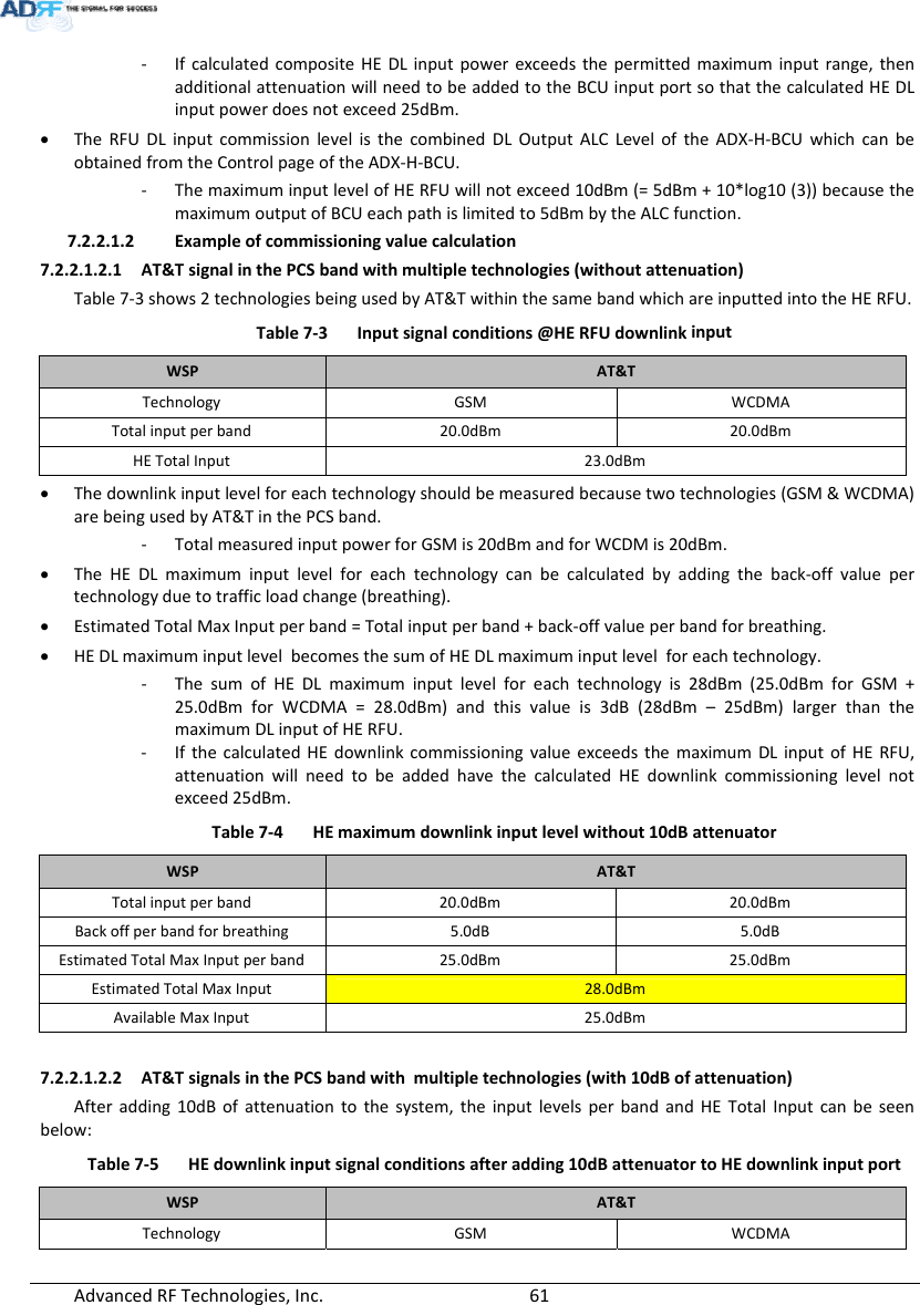 AdvancedRFTechnologies,Inc.  61‐ IfcalculatedcompositeHEDLinputpowerexceedsthepermittedmaximuminputrange,thenadditionalattenuationwillneedtobeaddedtotheBCUinputportsothatthecalculatedHEDLinputpowerdoesnotexceed25dBm. TheRFUDLinputcommissionlevelisthecombinedDLOutputALCLeveloftheADX‐H‐BCUwhichcanbeobtainedfromtheControlpageoftheADX‐H‐BCU.‐ ThemaximuminputlevelofHERFUwillnotexceed10dBm(=5dBm+10*log10(3))becausethemaximumoutputofBCUeachpathislimitedto5dBmbytheALCfunction.7.2.2.1.2 Exampleofcommissioningvaluecalculation7.2.2.1.2.1 AT&amp;TsignalinthePCSbandwithmultipletechnologies(withoutattenuation)Table7‐3shows2technologiesbeingusedbyAT&amp;TwithinthesamebandwhichareinputtedintotheHERFU.Table7‐3Inputsignalconditions@HERFUdownlinkinputWSPAT&amp;TTechnologyGSMWCDMATotalinputperband20.0dBm20.0dBmHETotalInput23.0dBm Thedownlinkinputlevelforeachtechnologyshouldbemeasuredbecausetwotechnologies(GSM&amp;WCDMA)arebeingusedbyAT&amp;TinthePCSband.‐ TotalmeasuredinputpowerforGSMis20dBmandforWCDMis20dBm. TheHEDLmaximuminputlevelforeachtechnologycanbecalculatedbyaddingtheback‐offvaluepertechnologyduetotrafficloadchange(breathing). EstimatedTotalMaxInputperband=Totalinputperband+back‐offvalueperbandforbreathing. HEDLmaximuminputlevelbecomesthesumofHEDLmaximuminputlevelforeachtechnology.‐ ThesumofHEDLmaximuminputlevelforeachtechnologyis28dBm(25.0dBmforGSM+25.0dBmforWCDMA=28.0dBm)andthisvalueis3dB(28dBm–25dBm)largerthanthemaximumDLinputofHERFU.‐ IfthecalculatedHEdownlinkcommissioningvalueexceedsthemaximumDLinputofHERFU,attenuationwillneedtobeaddedhavethecalculatedHEdownlinkcommissioninglevelnotexceed25dBm.Table7‐4HEmaximumdownlinkinputlevelwithout10dBattenuatorWSPAT&amp;TTotalinputperband20.0dBm20.0dBmBackoffperbandforbreathing5.0dB5.0dBEstimatedTotalMaxInputperband25.0dBm25.0dBmEstimatedTotalMaxInput28.0dBmAvailableMaxInput25.0dBm7.2.2.1.2.2 AT&amp;TsignalsinthePCSbandwithmultipletechnologies(with10dBofattenuation)Afteradding10dBofattenuationtothesystem,theinputlevelsperbandandHETotalInputcanbeseenbelow:Table7‐5HEdownlinkinputsignalconditionsafteradding10dBattenuatortoHEdownlinkinputportWSPAT&amp;TTechnologyGSMWCDMA