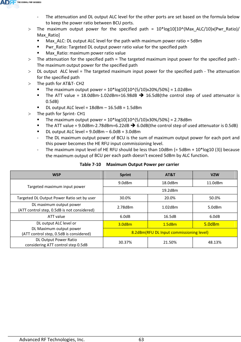 AdvancedRFTechnologies,Inc.  63‐ TheattenuationandDLoutputALClevelfortheotherportsaresetbasedontheformulabelowtokeepthepowerratiobetweenBCUports. Themaximumoutputpowerforthespecifiedpath=10*log10[10^(Max_ALC/10)x(Pwr_Ratio)/Max_Ratio] Max_ALC:DLoutputALClevelforthepathwithmaximumpowerratio=5dBm Pwr_Ratio:TargetedDLoutputpowerratiovalueforthespecifiedpath Max_Ratio:maximumpowerratiovalue Theattenuationforthespecifiedpath=Thetargetedmaximuminputpowerforthespecifiedpath‐Themaximumoutputpowerforthespecifiedpath DLoutputALClevel=Thetargetedmaximuminputpowerforthespecifiedpath‐Theattenuationforthespecifiedpath ThepathforAT&amp;T‐CH2 Themaximumoutputpower=10*log10[10^(5/10)x20%/50%]=1.02dBm TheATTvalue=18.0dBm‐1.02dBm=16.98dB16.5dB(thecontrolstepofusedattenuatoris0.5dB) DLoutputALClevel=18dBm–16.5dB=1.5dBm ThepathforSprint‐CH1 Themaximumoutputpower=10*log10[10^(5/10)x30%/50%]=2.78dBm TheATTvalue=9.0dBm‐2.78dBm=6.22dB6.0dB(thecontrolstepofusedattenuatoris0.5dB) DLoutputALClevel=9.0dBm–6.0dB=3.0dBm‐ TheDLmaximumoutputpowerofBCUisthesumofmaximumoutputpowerforeachportandthispowerbecomestheHERFUinputcommissioninglevel.‐ ThemaximuminputlevelofHERFUshouldbelessthan10dBm(=5dBm+10*log10(3))becausethemaximumoutputofBCUpereachpathdoesn’texceed5dBmbyALCfunction.Table7‐10MaximumOutputPowerpercarrierWSPSprintAT&amp;TVZWTargetedmaximuminputpower9.0dBm18.0dBm11.0dBm19.2dBmTargetedDLOutputPowerRatiosetbyuser30.0%20.0%50.0%DLmaximumoutputpower(ATTcontrolstep,0.5dBisnotconsidered)2.78dBm1.02dBm5.0dBmATTvalue6.0dB16.5dB6.0dBDLoutputALClevelorDLMaximumoutputpower(ATTcontrolstep,0.5dBisconsidered)3.0dBm1.5dBm5.0dBm8.2dBm(RFUDLInputcommissioninglevel)DLOutputPowerRatioconsideringATTcontrolstep0.5dB30.37%21.50%48.13%