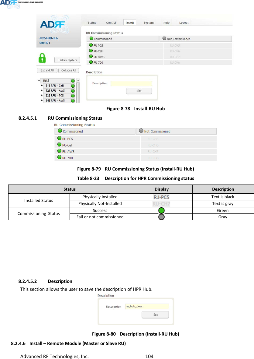 AdvancedRFTechnologies,Inc.  104Figure8‐78Install‐RUHub8.2.4.5.1 RUCommissioningStatusFigure8‐79RUCommissioningStatus(Install‐RUHub)Table8‐23DescriptionforHPRCommissioningstatusStatusDisplayDescriptionInstalledStatusPhysicallyInstalledTextisblackPhysicallyNot‐InstalledTextisgrayCommissioningStatusSuccessGreenFailornotcommissionedGray8.2.4.5.2 DescriptionThissectionallowstheusertosavethedescriptionofHPRHub.Figure8‐80Description(Install‐RUHub)8.2.4.6 Install–RemoteModule(MasterorSlaveRU)