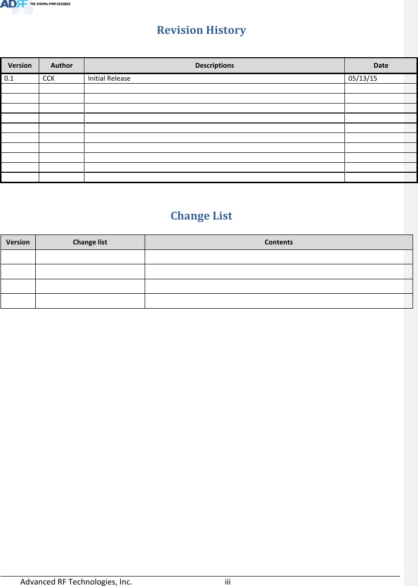 AdvancedRFTechnologies,Inc.  iiiRevisionHistoryChangeListVersionChangelistContents    VersionAuthorDescriptionsDate0.1CCKInitialRelease 05/13/15           