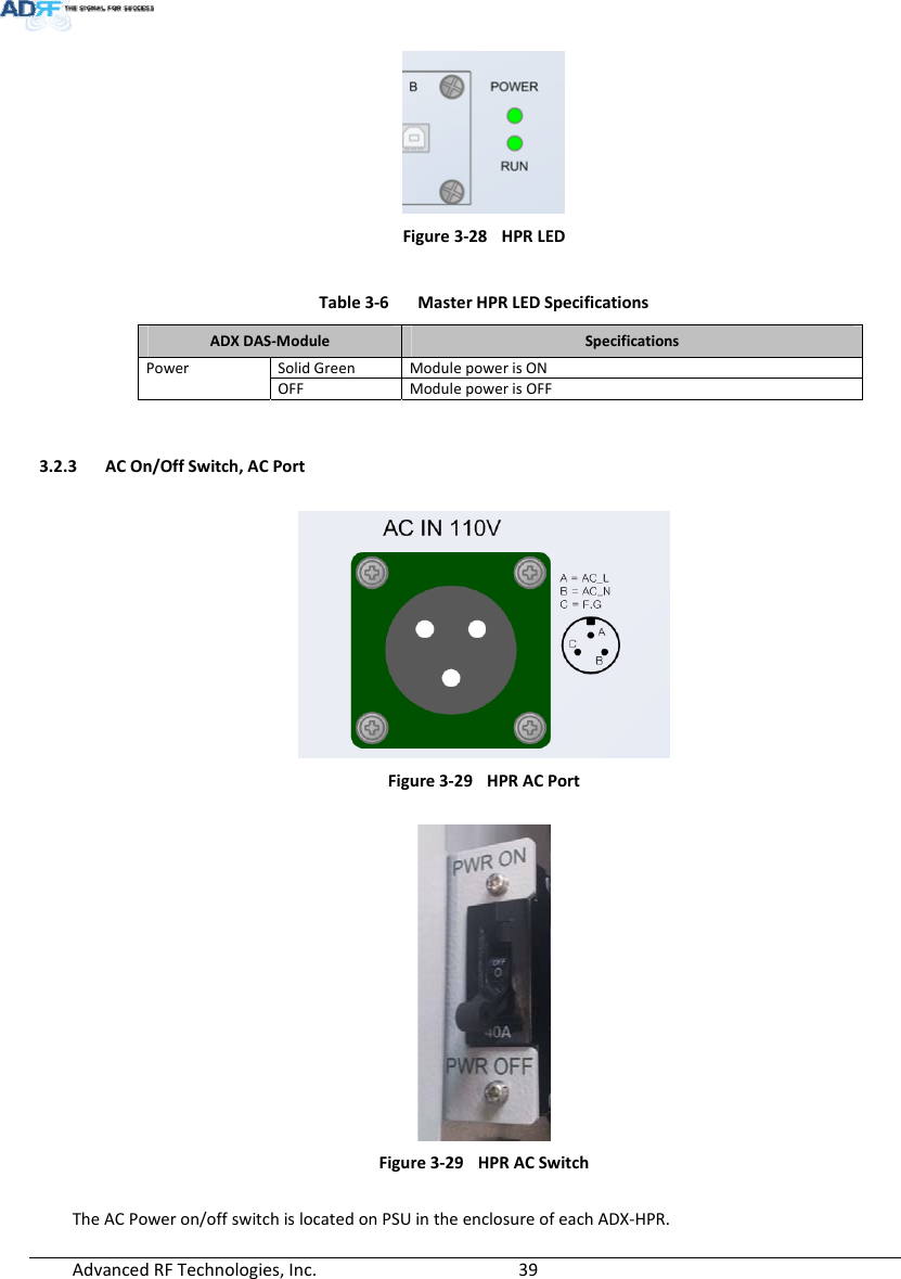 AdvancedRFTechnologies,Inc.  39Figure3‐28HPRLED Table3‐6MasterHPRLEDSpecificationsADXDAS‐ModuleSpecificationsPowerSolidGreenModulepowerisONOFF ModulepowerisOFF3.2.3 ACOn/OffSwitch,ACPortFigure3‐29HPRACPortFigure3‐29HPRACSwitchTheACPoweron/offswitchislocatedonPSUintheenclosureofeachADX‐HPR.