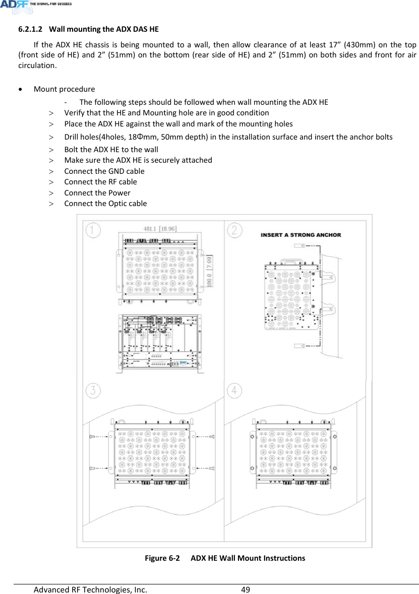 AdvancedRFTechnologies,Inc.  496.2.1.2 WallmountingtheADXDASHEIftheADXHEchassisisbeingmountedtoawall,thenallowclearanceofatleast17”(430mm)onthetop(frontsideofHE)and2”(51mm)onthebottom(rearsideofHE)and2”(51mm)onbothsidesandfrontforaircirculation. Mountprocedure‐ ThefollowingstepsshouldbefollowedwhenwallmountingtheADXHE VerifythattheHEandMountingholeareingoodcondition PlacetheADXHEagainstthewallandmarkofthemountingholes Drillholes(4holes,18Φmm,50mmdepth)intheinstallationsurfaceandinserttheanchorbolts BolttheADXHEtothewall MakesuretheADXHEissecurelyattached ConnecttheGNDcable ConnecttheRFcable ConnectthePower ConnecttheOpticcableFigure6‐2ADXHEWallMountInstructions
