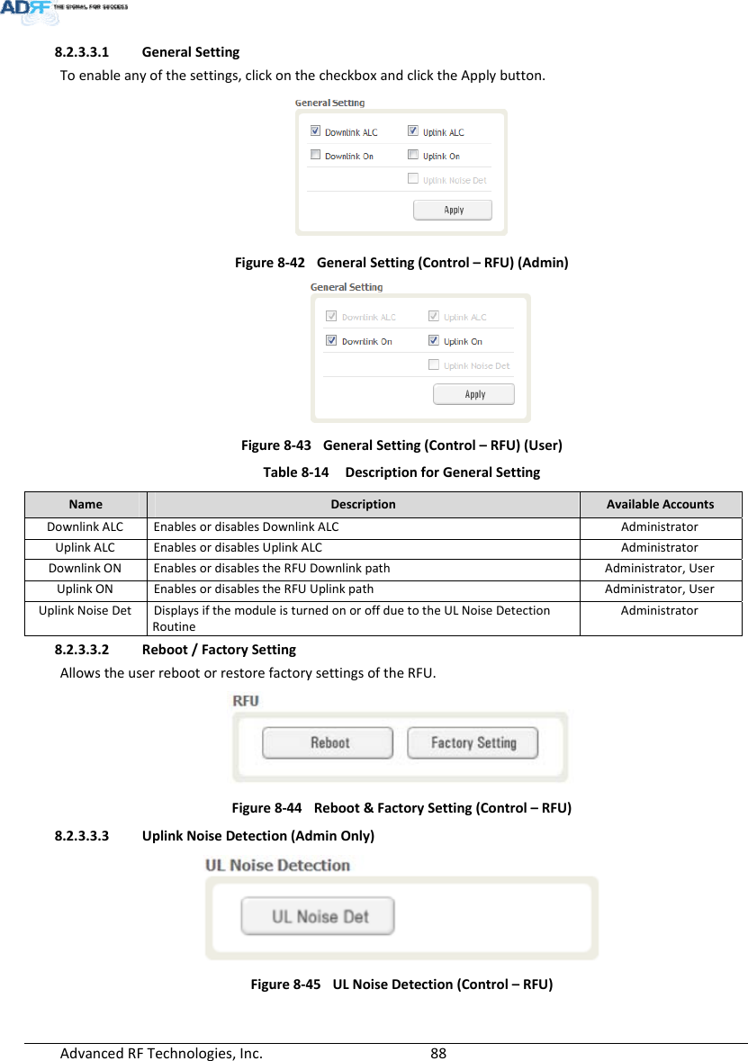 AdvancedRFTechnologies,Inc.  888.2.3.3.1 GeneralSettingToenableanyofthesettings,clickonthecheckboxandclicktheApplybutton.Figure8‐42GeneralSetting(Control–RFU)(Admin) Figure8‐43GeneralSetting(Control–RFU)(User)Table8‐14DescriptionforGeneralSettingNameDescriptionAvailableAccountsDownlinkALCEnablesordisablesDownlinkALCAdministratorUplinkALCEnablesordisablesUplinkALCAdministratorDownlinkONEnablesordisablestheRFUDownlinkpath Administrator,UserUplinkONEnablesordisablestheRFUUplinkpathAdministrator,UserUplinkNoiseDetDisplaysifthemoduleisturnedonoroffduetotheULNoiseDetectionRoutineAdministrator8.2.3.3.2 Reboot/FactorySettingAllowstheuserrebootorrestorefactorysettingsoftheRFU.Figure8‐44Reboot&amp;FactorySetting(Control–RFU)8.2.3.3.3 UplinkNoiseDetection(AdminOnly)Figure8‐45ULNoiseDetection(Control–RFU)