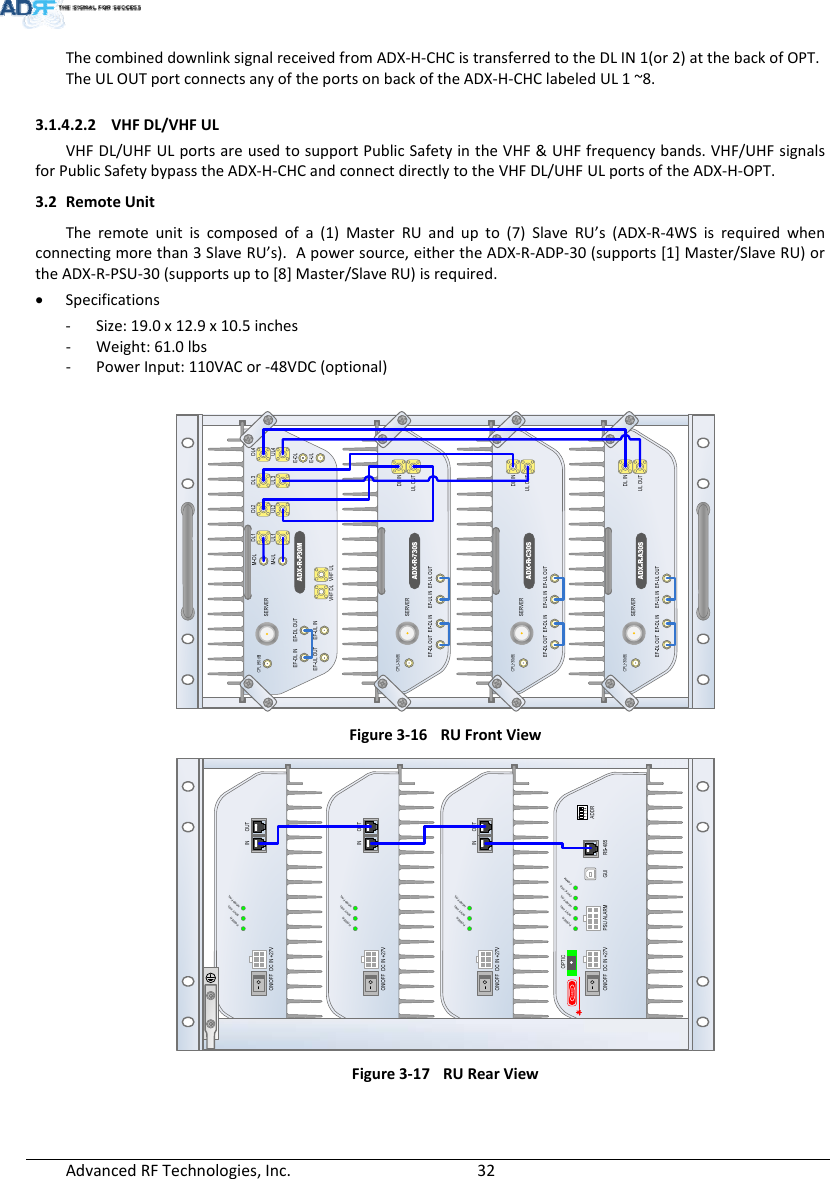 AdvancedRFTechnologies,Inc.  32ThecombineddownlinksignalreceivedfromADX‐H‐CHCistransferredtotheDLIN1(or2)atthebackofOPT.TheULOUTportconnectsanyoftheportsonbackoftheADX‐H‐CHClabeledUL1~8.3.1.4.2.2 VHFDL/VHFULVHFDL/UHFULportsareusedtosupportPublicSafetyintheVHF&amp;UHFfrequencybands.VHF/UHFsignalsforPublicSafetybypasstheADX‐H‐CHCandconnectdirectlytotheVHFDL/UHFULportsoftheADX‐H‐OPT.3.2 RemoteUnitTheremoteunitiscomposedofa(1)MasterRUandupto(7)SlaveRU’s(ADX‐R‐4WSisrequiredwhenconnectingmorethan3SlaveRU’s).Apowersource,eithertheADX‐R‐ADP‐30(supports[1]Master/SlaveRU)ortheADX‐R‐PSU‐30(supportsupto[8]Master/SlaveRU)isrequired. Specifications‐ Size:19.0x12.9x10.5inches‐ Weight:61.0lbs‐ PowerInput:110VACor‐48VDC(optional)Figure3‐16RUFrontViewFigure3‐17RURearViewPOWERSOFT FAILHARD FAILPOWERSOFT FAILHARD FAILPOWERSOFT FAILHARD FAILPOWERSOFT FAILHARD FAILCOMMOPTIC FAIL