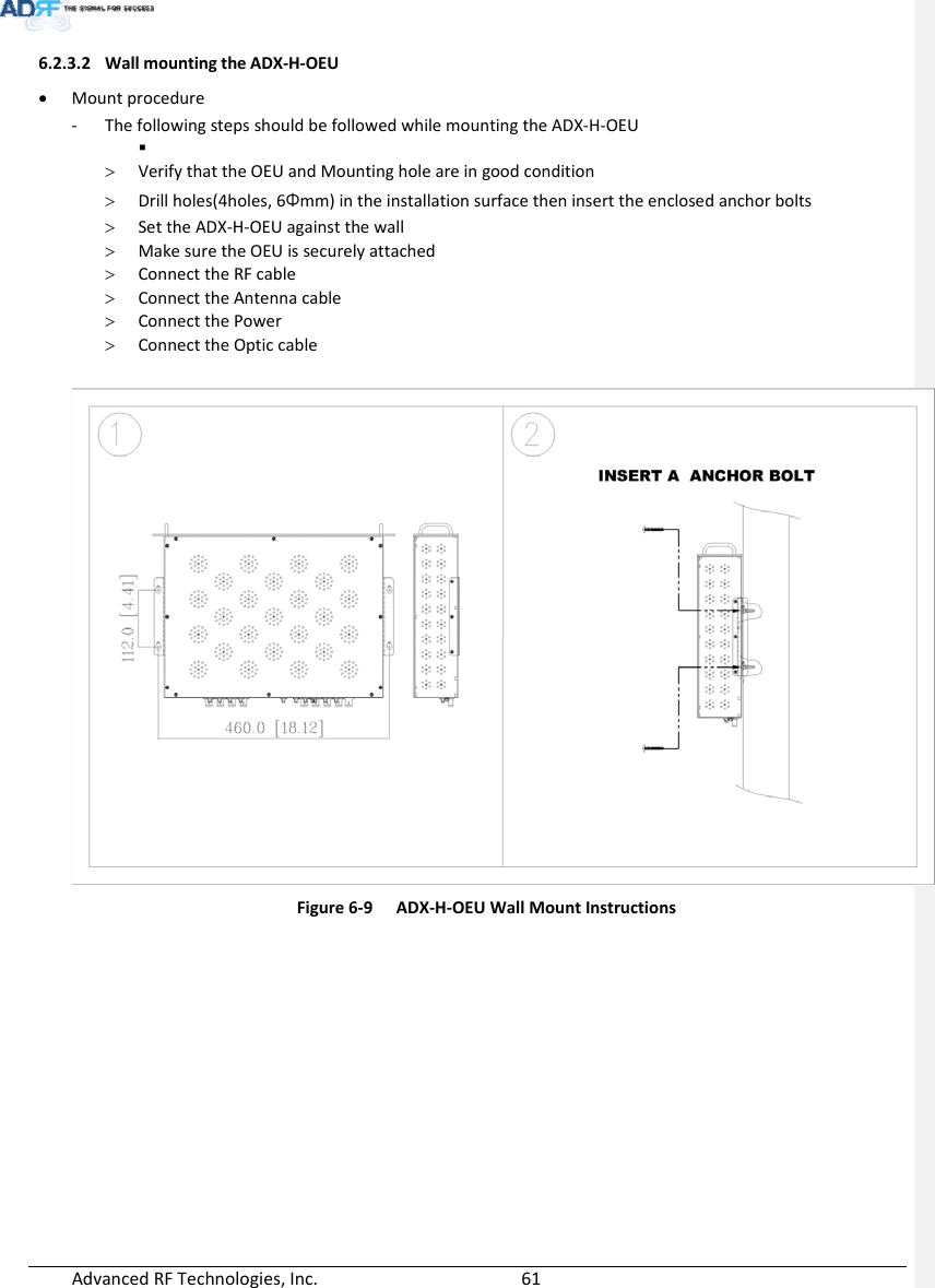 AdvancedRFTechnologies,Inc.  616.2.3.2 WallmountingtheADX‐H‐OEU Mountprocedure‐ ThefollowingstepsshouldbefollowedwhilemountingtheADX‐H‐OEU  VerifythattheOEUandMountingholeareingoodcondition Drillholes(4holes,6Φmm)intheinstallationsurfacetheninserttheenclosedanchorbolts SettheADX‐H‐OEUagainstthewall MakesuretheOEUissecurelyattached ConnecttheRFcable ConnecttheAntennacable ConnectthePower ConnecttheOpticcable Figure6‐9ADX‐H‐OEUWallMountInstructions