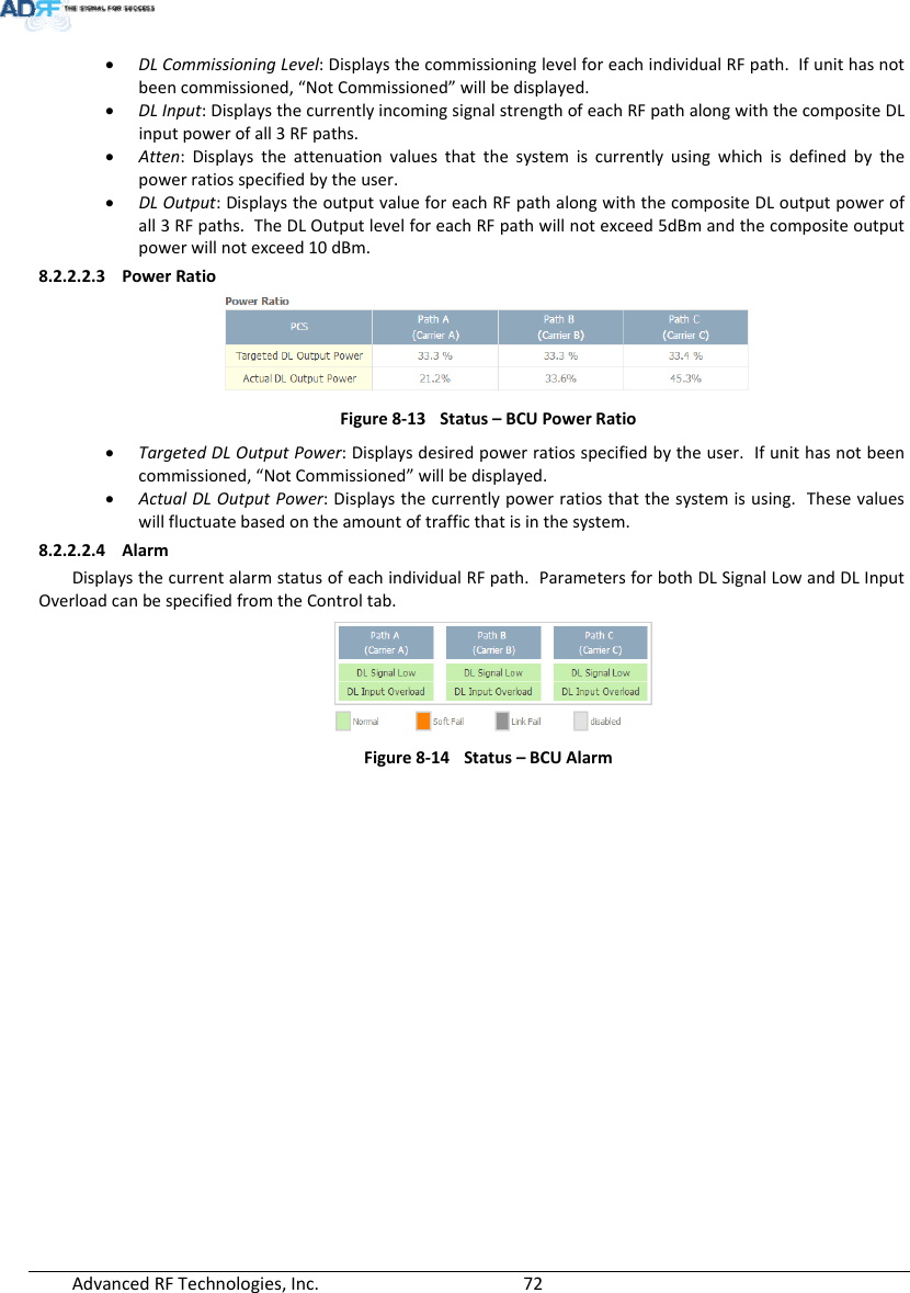 AdvancedRFTechnologies,Inc.  72 DLCommissioningLevel:DisplaysthecommissioninglevelforeachindividualRFpath.Ifunithasnotbeencommissioned,“NotCommissioned”willbedisplayed. DLInput:DisplaysthecurrentlyincomingsignalstrengthofeachRFpathalongwiththecompositeDLinputpowerofall3RFpaths. Atten:Displaystheattenuationvaluesthatthesystemiscurrentlyusingwhichisdefinedbythepowerratiosspecifiedbytheuser. DLOutput:DisplaystheoutputvalueforeachRFpathalongwiththecompositeDLoutputpowerofall3RFpaths.TheDLOutputlevelforeachRFpathwillnotexceed5dBmandthecompositeoutputpowerwillnotexceed10dBm.8.2.2.2.3 PowerRatioFigure8‐13Status–BCUPowerRatio TargetedDLOutputPower:Displaysdesiredpowerratiosspecifiedbytheuser.Ifunithasnotbeencommissioned,“NotCommissioned”willbedisplayed. ActualDLOutputPower:Displaysthecurrentlypowerratiosthatthesystemisusing.Thesevalueswillfluctuatebasedontheamountoftrafficthatisinthesystem.8.2.2.2.4 AlarmDisplaysthecurrentalarmstatusofeachindividualRFpath.ParametersforbothDLSignalLowandDLInputOverloadcanbespecifiedfromtheControltab.Figure8‐14Status–BCUAlarm