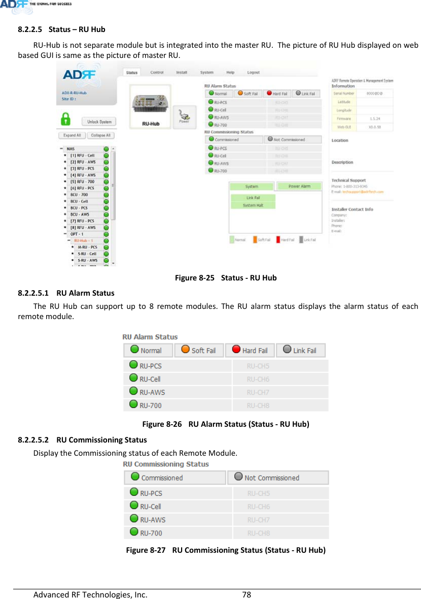 AdvancedRFTechnologies,Inc.  788.2.2.5 Status–RUHubRU‐HubisnotseparatemodulebutisintegratedintothemasterRU.ThepictureofRUHubdisplayedonwebbasedGUIissameasthepictureofmasterRU.Figure8‐25Status‐RUHub8.2.2.5.1 RUAlarmStatusTheRUHubcansupportupto8remotemodules.TheRUalarmstatusdisplaysthealarmstatusofeachremotemodule.Figure8‐26RUAlarmStatus(Status‐RUHub)8.2.2.5.2 RUCommissioningStatusDisplaytheCommissioningstatusofeachRemoteModule.Figure8‐27RUCommissioningStatus(Status‐RUHub)