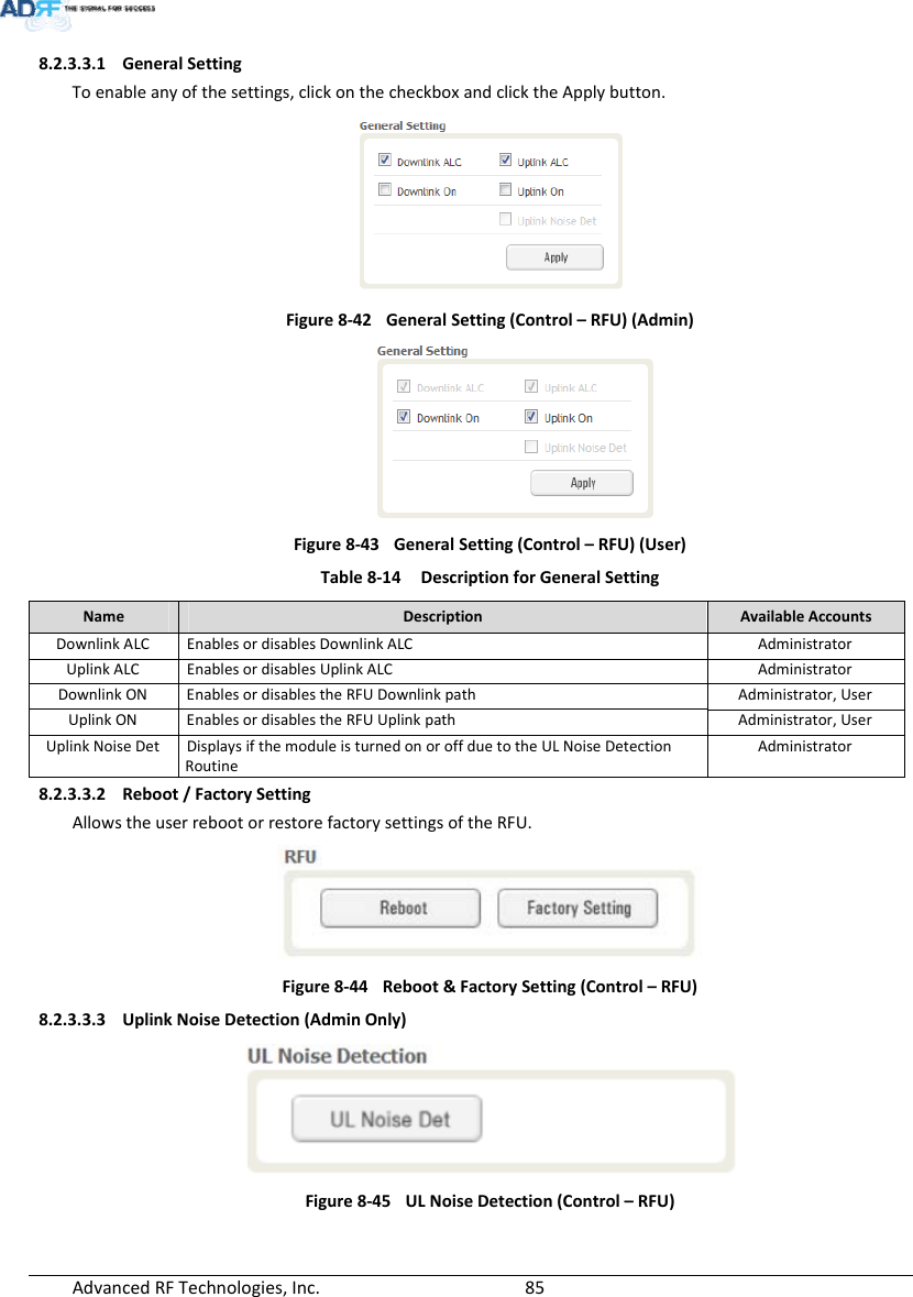 AdvancedRFTechnologies,Inc.  858.2.3.3.1 GeneralSettingToenableanyofthesettings,clickonthecheckboxandclicktheApplybutton.Figure8‐42GeneralSetting(Control–RFU)(Admin) Figure8‐43GeneralSetting(Control–RFU)(User)Table8‐14DescriptionforGeneralSettingNameDescriptionAvailableAccountsDownlinkALCEnablesordisablesDownlinkALCAdministratorUplinkALCEnablesordisablesUplinkALCAdministratorDownlinkONEnablesordisablestheRFUDownlinkpath Administrator,UserUplinkONEnablesordisables theRFUUplinkpathAdministrator,UserUplinkNoiseDetDisplaysifthemoduleisturnedonoroffduetotheULNoiseDetectionRoutineAdministrator8.2.3.3.2 Reboot/FactorySettingAllowstheuserrebootorrestorefactorysettingsoftheRFU.Figure8‐44Reboot&amp;FactorySetting(Control–RFU)8.2.3.3.3 UplinkNoiseDetection(AdminOnly)Figure8‐45ULNoiseDetection(Control–RFU)