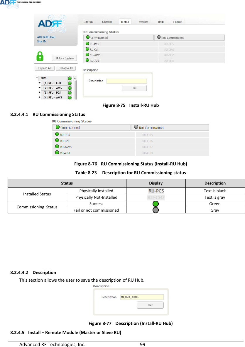 AdvancedRFTechnologies,Inc.  99Figure8‐75Install‐RUHub8.2.4.4.1 RUCommissioningStatusFigure8‐76RUCommissioningStatus(Install‐RUHub)Table8‐23DescriptionforRUCommissioningstatusStatusDisplayDescriptionInstalledStatusPhysicallyInstalledTextisblackPhysicallyNot‐InstalledTextisgrayCommissioningStatusSuccessGreenFailornotcommissionedGray8.2.4.4.2 DescriptionThissectionallowstheusertosavethedescriptionofRUHub.Figure8‐77Description(Install‐RUHub)8.2.4.5 Install–RemoteModule(MasterorSlaveRU)