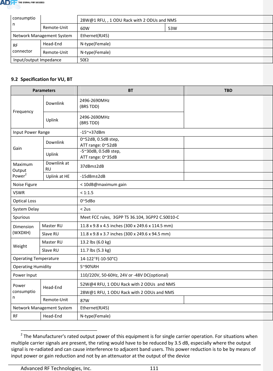 AdvancedRFTechnologies,Inc.  111consumption28W@1RFU,,1ODURackwith2ODUsandNMSRemote‐Unit60W53WNetworkManagementSystemEthernet(RJ45)RFconnectorHead‐EndN‐type(Female)Remote‐UnitN‐type(Female)Input/outputImpedance509.2 SpecificationforVU,BTParametersBTTBDFrequencyDownlink2496‐2690MHz(BRSTDD)Uplink2496‐2690MHz(BRSTDD)InputPowerRange‐15~+37dBmGainDownlink0~52dB,0.5dBstep,ATTrange:0~52dBUplink‐5~30dB,0.5dBstep,ATTrange:0~35dBMaximumOutputPower2DownlinkatRU37dBm±2dBUplinkatHE‐15dBm±2dBNoiseFigure&lt;10dB@maximumgainVSWR&lt;1:1.5OpticalLoss0~5dBoSystemDelay&lt;2usSpuriousMeetFCCrules,3GPPTS36.104,3GPP2C.S0010‐CDimension(WXDXH)MasterRU11.8x9.8x4.5inches(300x249.6x114.5mm)SlaveRU11.8x9.8x3.7inches(300x249.6x94.5mm)WeightMasterRU13.2lbs(6.0kg)SlaveRU11.7lbs(5.3kg)OperatingTemperature14‐122F(‐10‐50°C)OperatingHumidity5~90%RHPowerInput110/220V,50‐60Hz,24Vor‐48VDC(optional)PowerconsumptionHead‐End52W@4RFU,1ODURackwith2ODUsandNMS28W@1RFU,1ODURackwith2ODUsandNMSRemote‐Unit87WNetworkManagementSystemEthernet(RJ45)RFHead‐EndN‐type(Female)2TheManufacturer&apos;sratedoutputpowerofthisequipmentisforsinglecarrieroperation.Forsituationswhenmultiplecarriersignalsarepresent,theratingwouldhavetobereducedby3.5dB,especiallywheretheoutputsignalisre‐radiatedandcancauseinterferencetoadjacentbandusers.Thispowerreductionistobebymeansofinputpowerorgainreductionandnotbyanattenuatorattheoutputofthedevice