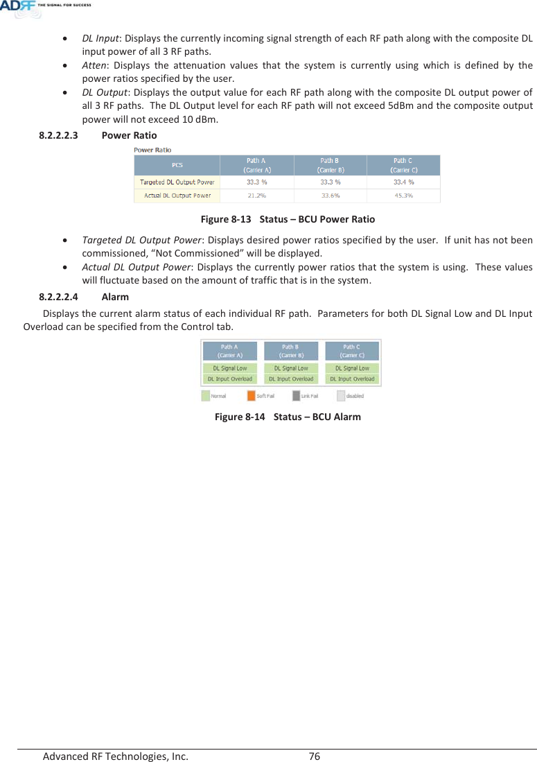 Advanced RF Technologies, Inc.        76   xDL Input: Displays the currently incoming signal strength of each RF path along with the composite DL input power of all 3 RF paths. xAtten: Displays the attenuation values that the system is currently using which is defined by the power ratios specified by the user. xDL Output: Displays the output value for each RF path along with the composite DL output power of all 3 RF paths.  The DL Output level for each RF path will not exceed 5dBm and the composite output power will not exceed 10 dBm.  8.2.2.2.3 Power Ratio  Figure 8-13  Status – BCU Power Ratio xTargeted DL Output Power: Displays desired power ratios specified by the user.  If unit has not been commissioned, “Not Commissioned” will be displayed. xActual DL Output Power: Displays the currently power ratios that the system is using.  These values will fluctuate based on the amount of traffic that is in the system. 8.2.2.2.4 Alarm Displays the current alarm status of each individual RF path.  Parameters for both DL Signal Low and DL Input Overload can be specified from the Control tab.  Figure 8-14  Status – BCU Alarm    