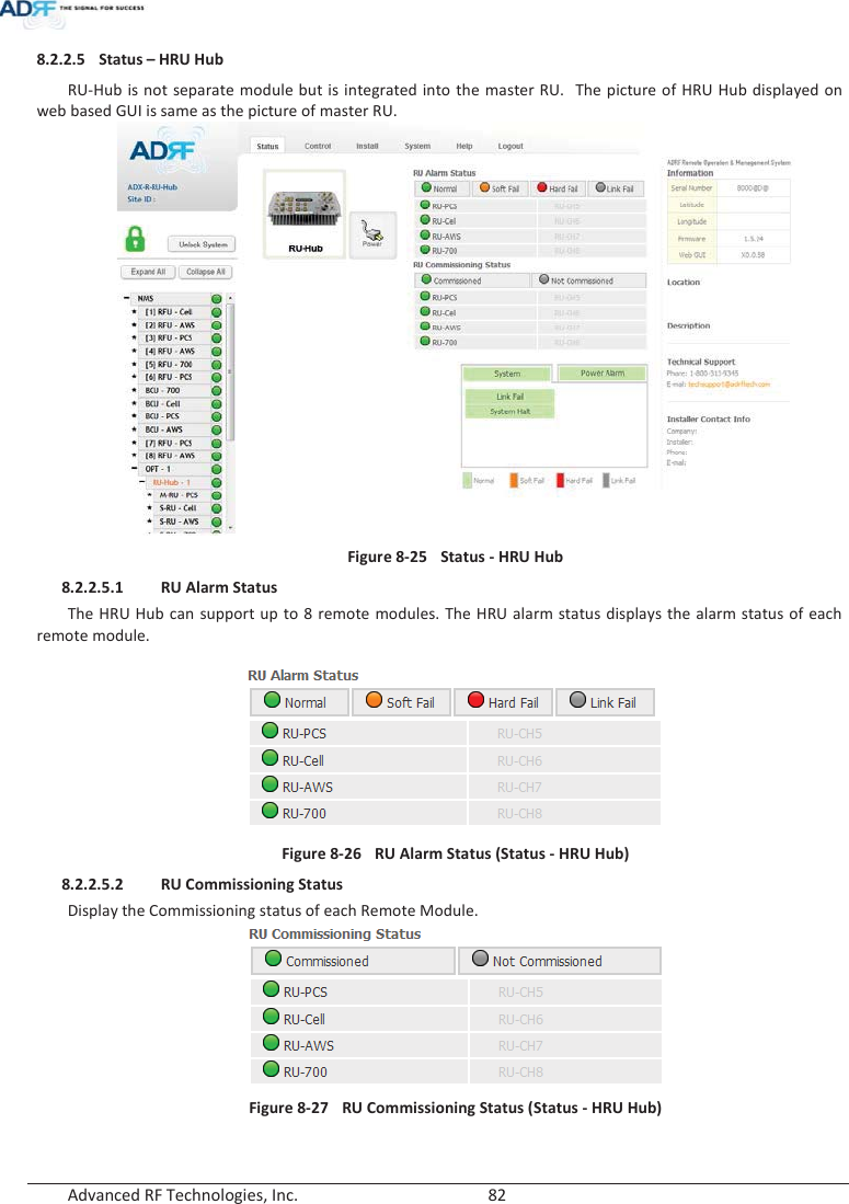  Advanced RF Technologies, Inc.        82   8.2.2.5 Status – HRU Hub RU-Hub is not separate module but is integrated into the master RU.  The picture of HRU Hub displayed on web based GUI is same as the picture of master RU.   Figure 8-25  Status - HRU Hub 8.2.2.5.1 RU Alarm Status  The HRU Hub can support up to 8 remote modules. The HRU alarm status displays the alarm status of each remote module.   Figure 8-26  RU Alarm Status (Status - HRU Hub) 8.2.2.5.2 RU Commissioning Status  Display the Commissioning status of each Remote Module.  Figure 8-27  RU Commissioning Status (Status - HRU Hub) 