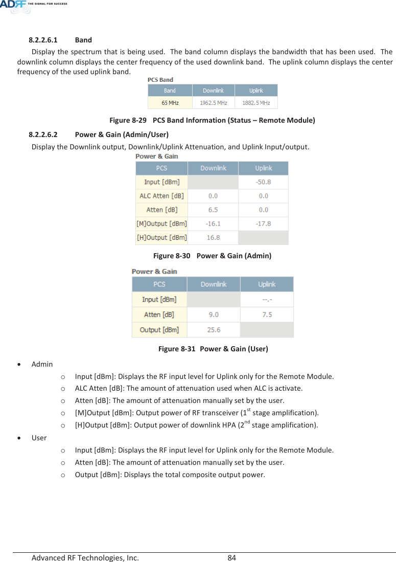  Advanced RF Technologies, Inc.        84    8.2.2.6.1 Band  Display the spectrum that is being used.  The band column displays the bandwidth that has been used.  The downlink column displays the center frequency of the used downlink band.  The uplink column displays the center frequency of the used uplink band.  Figure 8-29  PCS Band Information (Status – Remote Module) 8.2.2.6.2 Power &amp; Gain (Admin/User) Display the Downlink output, Downlink/Uplink Attenuation, and Uplink Input/output.       Figure 8-30  Power &amp; Gain (Admin)                               Figure 8-31  Power &amp; Gain (User) xAdmin oInput [dBm]: Displays the RF input level for Uplink only for the Remote Module. oALC Atten [dB]: The amount of attenuation used when ALC is activate. oAtten [dB]: The amount of attenuation manually set by the user. o[M]Output [dBm]: Output power of RF transceiver (1st stage amplification). o[H]Output [dBm]: Output power of downlink HPA (2nd stage amplification). xUser oInput [dBm]: Displays the RF input level for Uplink only for the Remote Module. oAtten [dB]: The amount of attenuation manually set by the user. oOutput [dBm]: Displays the total composite output power.    