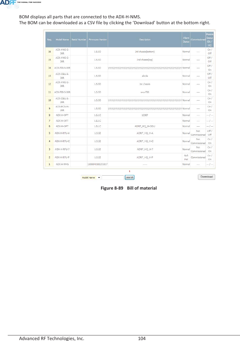  Advanced RF Technologies, Inc.        104   BOM displays all parts that are connected to the ADX-H-NMS. The BOM can be downloaded as a CSV file by clicking the ‘Download’ button at the bottom right.  Figure 8-89  Bill of material   