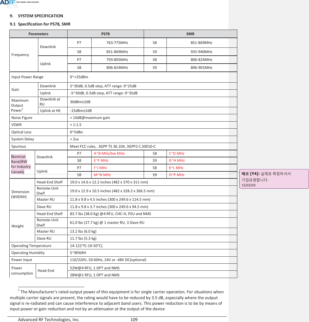  Advanced RF Technologies, Inc.        109   9. SYSTEM SPECIFICATION 9.1 Specification for PS78, SMR Parameters  PS78  SMR Frequency Downlink P7 763-775MHz S8  851-869MHz S8 851-869MHz S9  935-940MHz Uplink P7 793-805MHz S8  806-824MHz S8 806-824MHz S9  896-901MHz Input Power Range 0~+25dBm      Gain Downlink 5~30dB, 0.5dB step, ATT range: 0~25dB Uplink -5~30dB, 0.5dB step, ATT range: 0~35dB Maximum Output Power1 Downlink at RU 30dBm±2dB Uplink at HE -15dBm±2dB Noise Figure &lt; 10dB@maximum gain VSWR &lt; 1:1.5 Optical Loss0~5dBoSystem Delay &lt; 2us Spurious Meet FCC rules,  3GPP TS 36.104, 3GPP2 C.S0010-C Nominal Band/BW for Industry Canada Downlink P7 A~B MHz/bw MHz S8 C~D MHz S8 E~F MHz S9 G~H MHz Uplink P7 I~J MHz S8 K~L MHz S8 M~N MHz S9 O~P MHz Dimension (WXDXH) Head-End Shelf 19.0 x 14.6 x 12.2 inches (482 x 370 x 311 mm) Remote-Unit Shelf 19.0 x 12.9 x 10.5 inches (482 x 328.2 x 266.5 mm) Master RU 11.8 x 9.8 x 4.5 inches (300 x 249.6 x 114.5 mm) Slave RU 11.8 x 9.8 x 3.7 inches (300 x 249.6 x 94.5 mm) Weight Head-End Shelf 83.7 lbs (38.0 Kg) @4 RFU, CHC-H, PSU and NMS Remote-Unit Shelf 61.0 lbs (27.7 kg) @ 1 master RU, 3 Slave RU Master RU 13.2 lbs (6.0 kg) Slave RU 11.7 lbs (5.3 kg) Operating Temperature 14-122qF(-10-50°C) Operating Humidity 5~90%RH Power Input 110/220V, 50-60Hz, 24V or -48V DC(optional) Power consumption Head-End 52W@4 RFU, 1 OPT and NMS 28W@1 RFU, 1 OPT and NMS                                                                     1 The Manufacturer&apos;s rated output power of this equipment is for single carrier operation. For situations when multiple carrier signals are present, the rating would have to be reduced by 3.5 dB, especially where the output signal is re-radiated and can cause interference to adjacent band users. This power reduction is to be by means of input power or gain reduction and not by an attenuator at the output of the device ָ֦ [Y4]: ݨࢿԻ ্ࢽଜ܈۰ ̛࢏ࡁঐଢТЬ. 15/02/03 