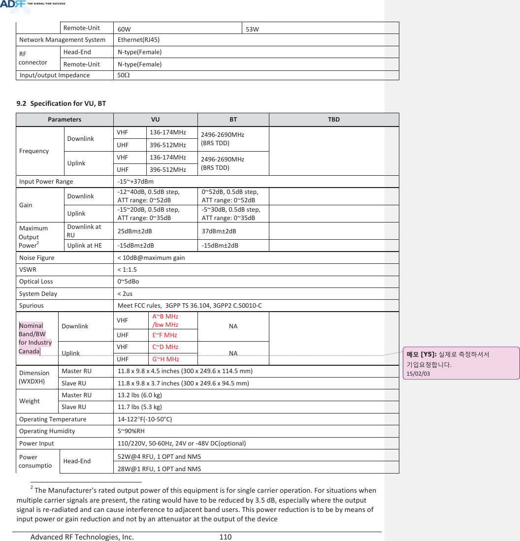  Advanced RF Technologies, Inc.        110   Remote-Unit 60W 53W Network Management System Ethernet(RJ45) RF connector Head-End N-type(Female) Remote-Unit N-type(Female) Input/output Impedance 50:  9.2 Specification for VU, BT Parameters  VU  BT  TBD Frequency Downlink VHF 136-174MHz 2496-2690MHz (BRS TDD)  UHF 396-512MHz Uplink VHF 136-174MHz 2496-2690MHz (BRS TDD)  UHF 396-512MHz Input Power Range -15~+37dBm Gain Downlink -12~40dB, 0.5dB step, ATT range: 0~52dB 0~52dB, 0.5dB step, ATT range: 0~52dB  Uplink -15~20dB, 0.5dB step,  ATT range: 0~35dB -5~30dB, 0.5dB step,  ATT range: 0~35dB  Maximum Output Power2 Downlink at RU 25dBm±2dB 37dBm±2dB  Uplink at HE -15dBm±2dB -15dBm±2dB  Noise Figure&lt; 10dB@maximum gainVSWR &lt; 1:1.5 Optical Loss 0~5dBo System Delay &lt; 2us Spurious Meet FCC rules,  3GPP TS 36.104, 3GPP2 C.S0010-C Nominal Band/BW for Industry Canada Downlink VHF A~B MHz /bw MHz NA UHF E~F MHz UplinkVHF C~D MHzNA UHF G~H MHz Dimension (WXDXH) Master RU 11.8 x 9.8 x 4.5 inches (300 x 249.6 x 114.5 mm) Slave RU 11.8 x 9.8 x 3.7 inches (300 x 249.6 x 94.5 mm) Weight Master RU 13.2 lbs (6.0 kg) Slave RU 11.7 lbs (5.3 kg) Operating Temperature 14-122qF(-10-50°C) Operating Humidity 5~90%RH Power Input 110/220V, 50-60Hz, 24V or -48V DC(optional) Power consumptioHead-End 52W@4 RFU, 1 OPT and NMS 28W@1 RFU, 1 OPT and NMS                                                                     2 The Manufacturer&apos;s rated output power of this equipment is for single carrier operation. For situations when multiple carrier signals are present, the rating would have to be reduced by 3.5 dB, especially where the output signal is re-radiated and can cause interference to adjacent band users. This power reduction is to be by means of input power or gain reduction and not by an attenuator at the output of the device ָ֦ [Y5]: ݨࢿԻ ্ࢽଜ܈۰ ̛࢏ࡁঐଢТЬ. 15/02/03 