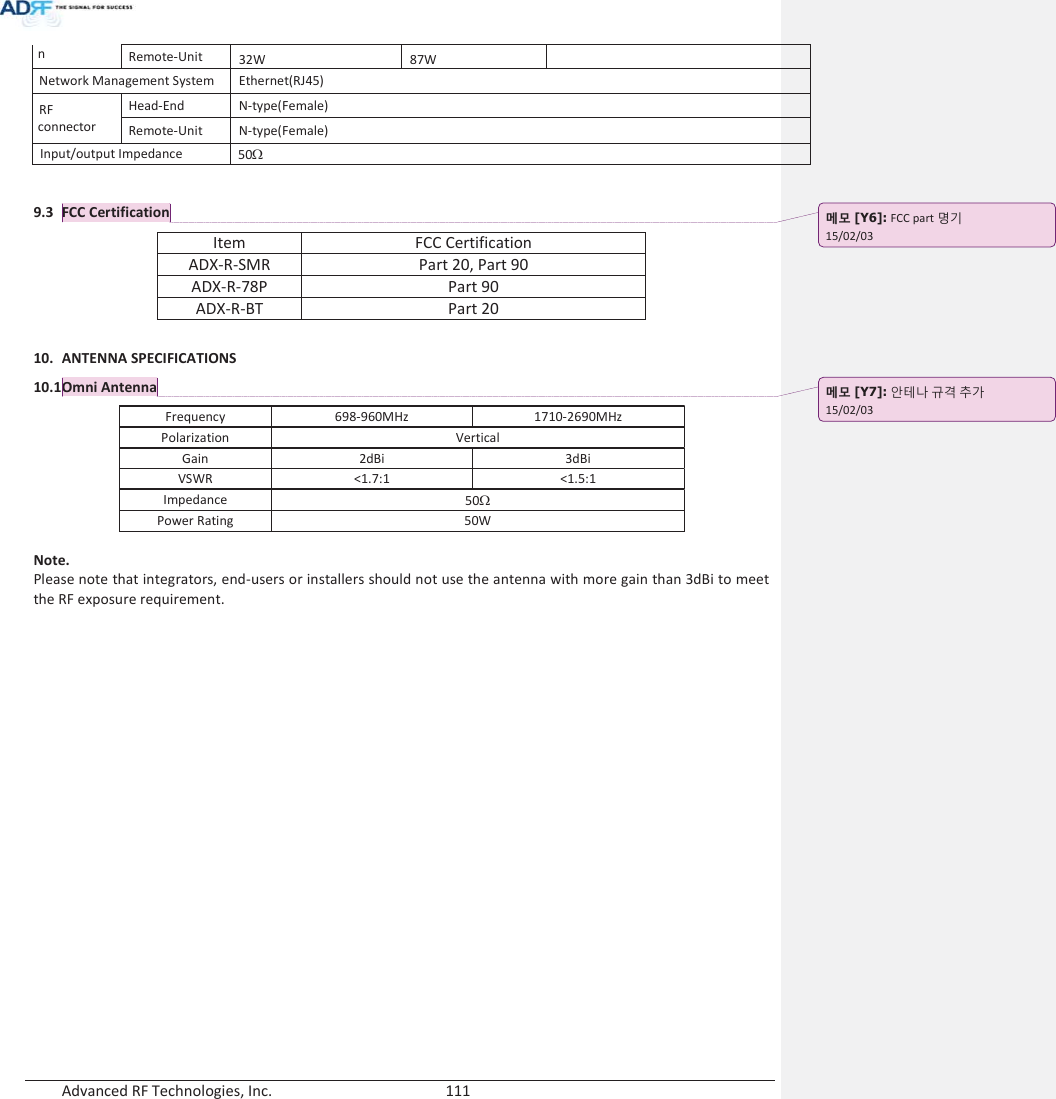  Advanced RF Technologies, Inc.        111   n Remote-Unit 32W 87W  Network Management System Ethernet(RJ45) RF connector Head-End N-type(Female) Remote-Unit N-type(Female) Input/output Impedance 50:  9.3 FCC Certification Item FCC Certification ADX-R-SMR Part 20, Part 90 ADX-R-78P Part 90 ADX-R-BT Part 20  10. ANTENNA SPECIFICATIONS 10.1 Omni Antenna Frequency 698-960MHz 1710-2690MHz Polarization Vertical Gain 2dBi 3dBi VSWR &lt;1.7:1 &lt;1.5:1 Impedance 50: Power Rating 50W  Note. Please note that integrators, end-users or installers should not use the antenna with more gain than 3dBi to meet the RF exposure requirement.   ָ֦ [Y6]: FCC part ָ̛ 15/02/03 ָ֦ [Y7]: ߇੨Ο ̍ʸ ঴ɼ 15/02/03 