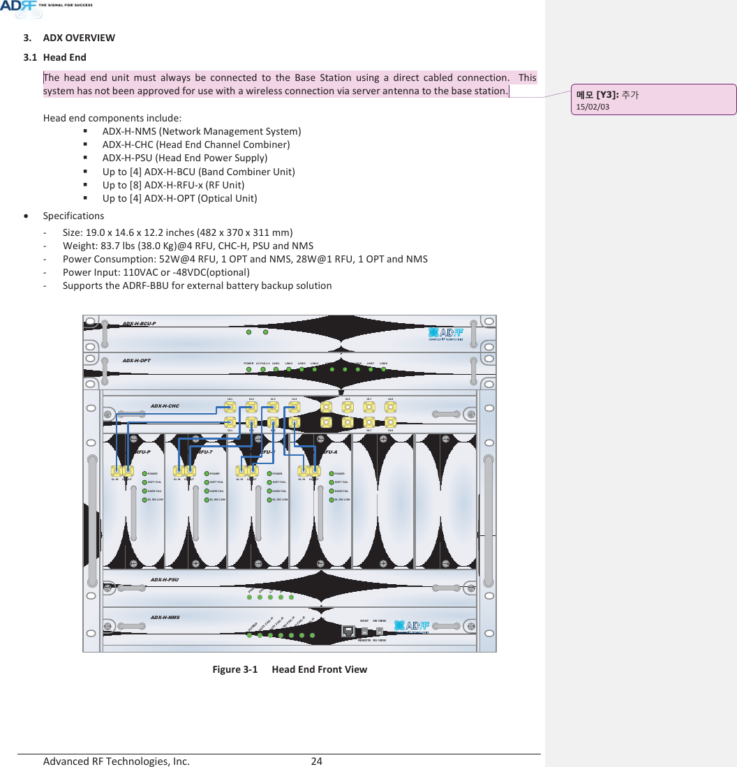 Advanced RF Technologies, Inc.        24   3. ADX OVERVIEW 3.1 Head End The head end unit must always be connected to the Base Station using a direct cabled connection.  This system has not been approved for use with a wireless connection via server antenna to the base station.  Head end components include:  ADX-H-NMS (Network Management System)  ADX-H-CHC (Head End Channel Combiner)   ADX-H-PSU (Head End Power Supply)  Up to [4] ADX-H-BCU (Band Combiner Unit)  Up to [8] ADX-H-RFU-x (RF Unit)  Up to [4] ADX-H-OPT (Optical Unit) x Specifications - Size: 19.0 x 14.6 x 12.2 inches (482 x 370 x 311 mm) - Weight: 83.7 lbs (38.0 Kg)@4 RFU, CHC-H, PSU and NMS - Power Consumption: 52W@4 RFU, 1 OPT and NMS, 28W@1 RFU, 1 OPT and NMS - Power Input: 110VAC or -48VDC(optional) - Supports the ADRF-BBU for external battery backup solution  ADX-H-NMSPOWERSOFTFAIL-HSOFTFAIL-RHARD FAIL-HHARD FAIL-RLINKFAIL-HLINKFAIL-RHOST HE VIEWREMOTE RU VIEWADX-H-PSUPOWERCHGSTSLOWBATTACFAILDCFAILDL OUTUL INHARD FAILDL SIG LOWSOFT FAILPOWERADX-H-RFU-PDL OUTUL INHARD FAILDL SIG LOWSOFT FAILPOWERADX-H-RFU-7DL OUTUL INHARD FAILDL SIG LOWSOFT FAILPOWERADX-H-RFU-CDL OUTUL INHARD FAILDL SIG LOWSOFT FAILPOWERADX-H-RFU-AADX-H-CHCUL1 UL2 UL3 UL4DL1 DL2 DL3 DL4UL5 UL6 UL7 UL8DL5 DL6 DL7 DL8LD FAIL5-8 LINK5 LINK6 LINK7 LINK8LD FAIL1-4 LINK1 LINK2 LINK3 LINK4POWERADX-H-OPTSOFT FAILPOWERADX-H-BCU-P Figure 3-1  Head End Front View    ָ֦ [Y3]: ঴ɼ 15/02/03 