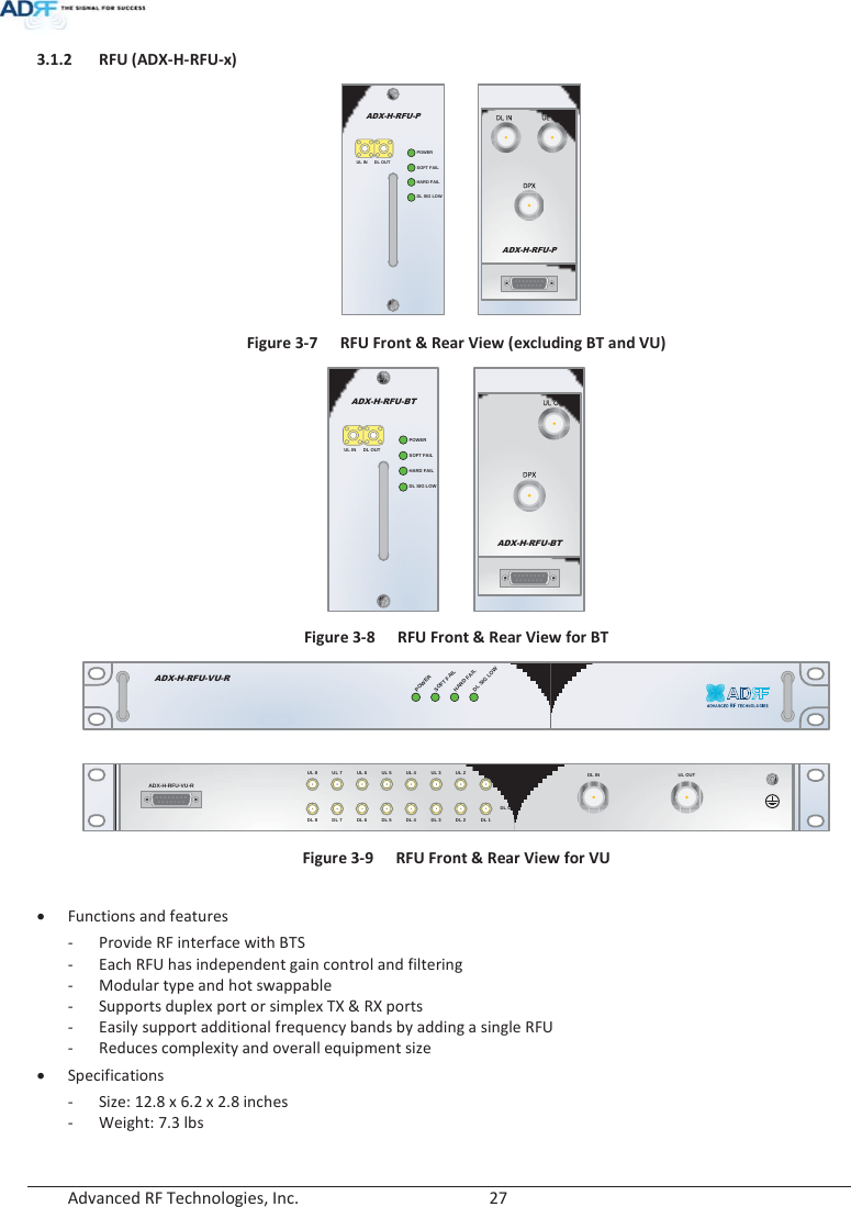  Advanced RF Technologies, Inc.        27   3.1.2 RFU (ADX-H-RFU-x)    DL OUTUL INHARD FAILDL SIG LOWSOFT FAILPOWERADX-H-RFU-PksGpu |sGv|{kwADX-H-RFU-P Figure 3-7  RFU Front &amp; Rear View (excluding BT and VU)  Figure 3-8  RFU Front &amp; Rear View for BT  Figure 3-9  RFU Front &amp; Rear View for VU  x Functions and features - Provide RF interface with BTS - Each RFU has independent gain control and filtering - Modular type and hot swappable - Supports duplex port or simplex TX &amp; RX ports - Easily support additional frequency bands by adding a single RFU - Reduces complexity and overall equipment size x Specifications - Size: 12.8 x 6.2 x 2.8 inches - Weight: 7.3 lbs  |sGv|{kwADX-H-RFU-BTDL OUTUL INHARD FAILDL SIG LOWSOFT FAILPOWERADX-H-RFU-BTADX-H-RFU-VU-RPOWERSOFT FAILHARDFAILDL SIGLOWADX-H-RFU-VU-RDL IN UL OUTDL OUTUL INDL 1DL 2DL 3DL 4DL 5DL 6DL 7DL 8UL 1UL 2UL 3UL 4UL 5UL 6UL 7UL 8