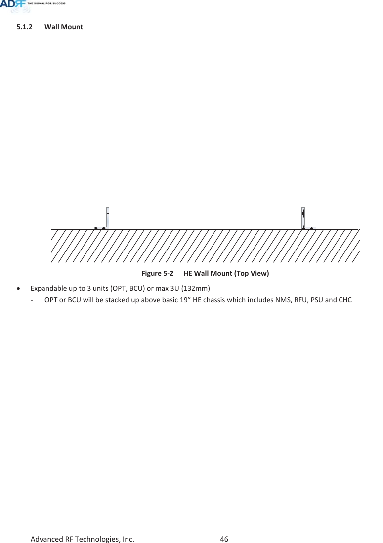  Advanced RF Technologies, Inc.        46   5.1.2 Wall Mount  Figure 5-2 HE Wall Mount (Top View)x Expandable up to 3 units (OPT, BCU) or max 3U (132mm) - OPT or BCU will be stacked up above basic 19” HE chassis which includes NMS, RFU, PSU and CHC   