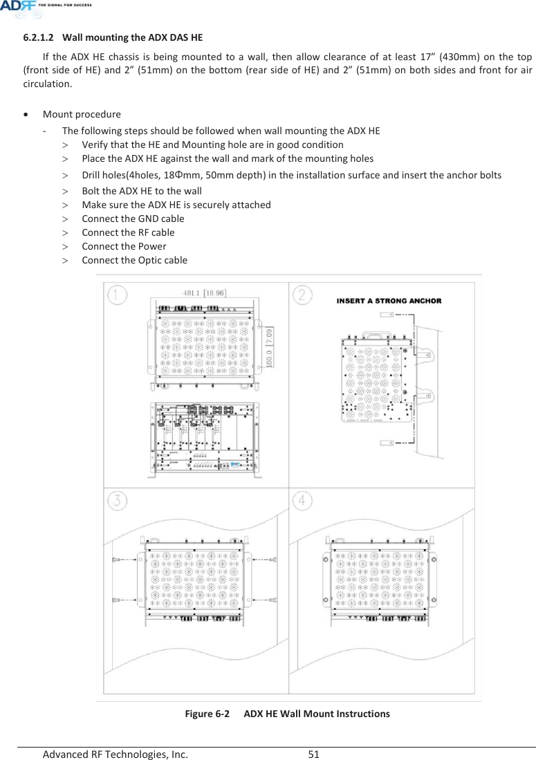  Advanced RF Technologies, Inc.        51   6.2.1.2 Wall mounting the ADX DAS HE If the ADX HE chassis is being mounted to a wall, then allow clearance of at least 17” (430mm) on the top (front side of HE) and 2” (51mm) on the bottom (rear side of HE) and 2” (51mm) on both sides and front for air circulation.  x Mount procedure - The following steps should be followed when wall mounting the ADX HE ! Verify that the HE and Mounting hole are in good condition ! Place the ADX HE against the wall and mark of the mounting holes ! Drill holes(4holes, 18Żmm, 50mm depth) in the installation surface and insert the anchor bolts ! Bolt the ADX HE to the wall ! Make sure the ADX HE is securely attached ! Connect the GND cable ! Connect the RF cable ! Connect the Power ! Connect the Optic cable  Figure 6-2 ADX HE Wall Mount Instructions 