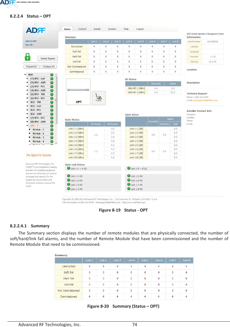  Advanced RF Technologies, Inc.        74   8.2.2.4 Status – OPT   Figure 8-19  Status - OPT  8.2.2.4.1 Summary  The Summary section displays the number of remote modules that are physically connected, the number of soft/hard/link fail alarms, and the number of Remote Module that have been commissioned and the number of Remote Module that need to be commissioned.     Figure 8-20  Summary (Status – OPT) 