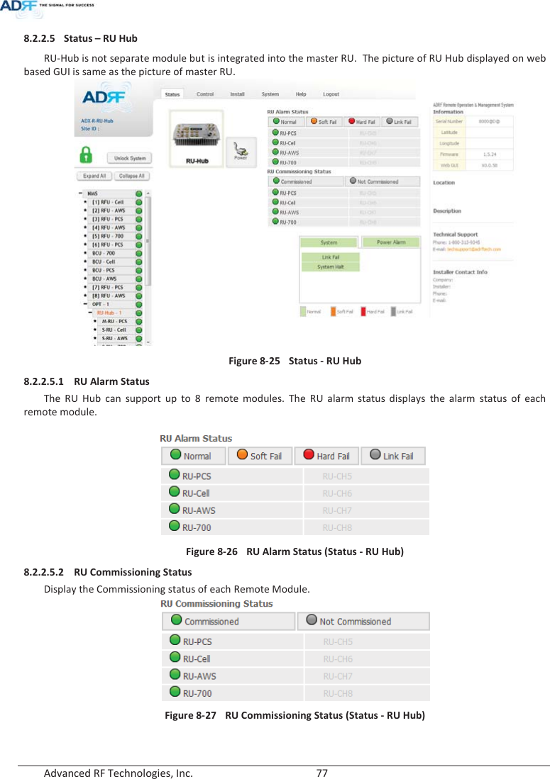  Advanced RF Technologies, Inc.        77   8.2.2.5 Status – RU Hub RU-Hub is not separate module but is integrated into the master RU.  The picture of RU Hub displayed on web based GUI is same as the picture of master RU.   Figure 8-25  Status - RU Hub 8.2.2.5.1 RU Alarm Status  The RU Hub can support up to 8 remote modules. The RU alarm status displays the alarm status of each remote module.   Figure 8-26  RU Alarm Status (Status - RU Hub) 8.2.2.5.2 RU Commissioning Status  Display the Commissioning status of each Remote Module.  Figure 8-27  RU Commissioning Status (Status - RU Hub) 