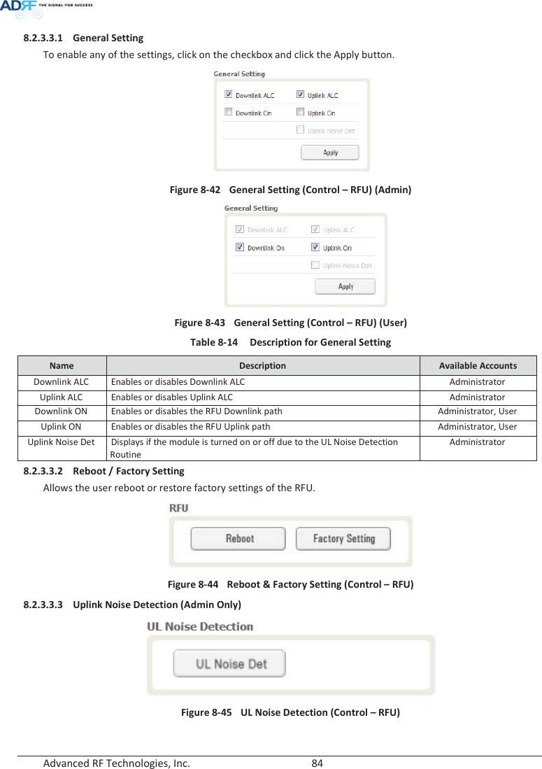  Advanced RF Technologies, Inc.        84   8.2.3.3.1 General Setting To enable any of the settings, click on the checkbox and click the Apply button.   Figure 8-42  General Setting (Control – RFU) (Admin)              Figure 8-43  General Setting (Control – RFU) (User) Table 8-14  Description for General Setting Name  Description  Available Accounts Downlink ALC Enables or disables Downlink ALC Administrator Uplink ALC Enables or disables Uplink ALC Administrator Downlink ON Enables or disables the RFU Downlink path Administrator, User Uplink ON Enables or disables the RFU Uplink path Administrator, User Uplink Noise Det Displays if the module is turned on or off due to the UL Noise Detection Routine Administrator 8.2.3.3.2 Reboot / Factory Setting Allows the user reboot or restore factory settings of the RFU.  Figure 8-44  Reboot &amp; Factory Setting (Control – RFU) 8.2.3.3.3 Uplink Noise Detection (Admin Only)  Figure 8-45  UL Noise Detection (Control – RFU) 