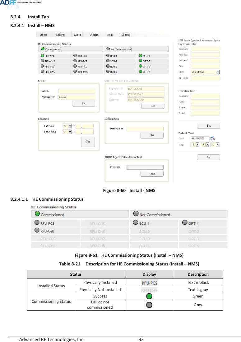  Advanced RF Technologies, Inc.        92   8.2.4 Install Tab 8.2.4.1 Install – NMS  Figure 8-60  Install - NMS 8.2.4.1.1 HE Commissioning Status  Figure 8-61  HE Commissioning Status (Install – NMS) Table 8-21  Description for HE Commissioning Status (Install – NMS) Status  Display  Description Installed Status  Physically Installed  Text is black Physically Not-Installed  Text is gray Commissioning Status Success  Green Fail or not commissioned  Gray   