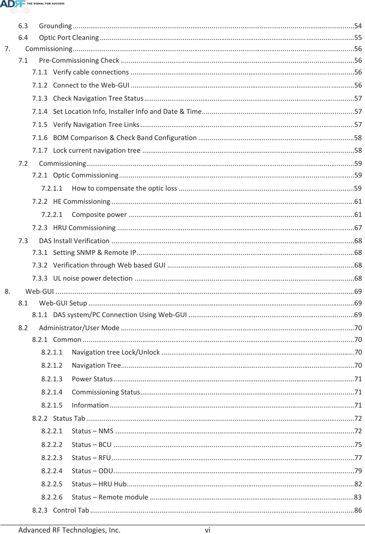  Advanced RF Technologies, Inc.        vi   6.3Grounding .................................................................................................................................................. 54 6.4Optic Port Cleaning .................................................................................................................................... 557.Com missioning ................................................................................................................. ................................. 56 7.1Pre-Commissioning Check ......................................................................................................................... 567.1.1Verify cable connections .................................................................................................................... 567.1.2Connect to the Web-GUI .................................................................................................................... 567.1.3Check Navigation Tree Status ............................................................................................................. 577.1.4Set Location Info, Installer Info and Date &amp; Time............................................................................... 5 7 7.1.5Verify Navigation Tree Links ............................................................................................................... 577.1.6BOM Comparison &amp; Check Band Configuration ................................................................................. 587.1.7Lock current navigation tree .............................................................................................................. 587.2Commissioning ........................................................................................................................................... 597.2.1Optic Commissioning .......................................................................................................................... 597.2.1.1How to compensate the optic loss ........................................................................................... 597.2.2HE Commissioning .............................................................................................................................. 617.2.2.1Composite power ..................................................................................................................... 617.2.3HRU Commissioning ........................................................................................................................... 677.3DAS Install Verification .............................................................................................................................. 687.3.1Setting SNMP &amp; Remote IP ................................................................................................................. 687.3.2Verification through Web based GUI ................................................................................................. 687.3.3UL noise power detection .................................................................................................................. 688.Web-GUI ........................................................................................................................................................... 69 8.1Web-GUI Setup .......................................................................................................................................... 69 8.1.1DAS system/PC Connection Using Web-GUI ...................................................................................... 698.2Administrator/User Mode ......................................................................................................................... 708.2.1Common ............................................................................................................................................. 70 8.2.1.1Navigation tree Lock/Unlock .................................................................................................... 708.2.1.2Navigation Tree......................................................................................................................... 708.2.1.3Power Status ............................................................................................................................. 718.2.1.4Commissioning Status ............................................................................................................... 718.2.1.5Information ................................................................................................................... ............ 718.2.2Status Tab ........................................................................................................................................... 72 8.2.2.1Status – NMS ............................................................................................................................ 728.2.2.2Status – BCU ............................................................................................................................. 758.2.2.3Status – RFU .............................................................................................................................. 778.2.2.4Status – ODU ............................................................................................................................. 798.2.2.5Status – HRU Hub...................................................................................................................... 828.2.2.6Status – Remote module .......................................................................................................... 838.2.3Control Tab ......................................................................................................................................... 86