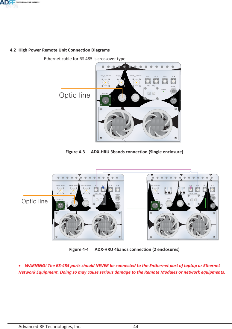  Advanced RF Technologies, Inc.        44      4.2 High Power Remote Unit Connection Diagrams - Ethernet cable for RS 485 is crossover type  Figure 4-3  ADX-HRU 3bands connection (Single enclosure)  Figure 4-4  ADX-HRU 4bands connection (2 enclosures)  xWARNING! The RS-485 ports should NEVER be connected to the Enthernet port of laptop or Ethernet Network Equipment. Doing so may cause serious damage to the Remote Modules or network equipments.    PCS_A_ SERVER AWS_A_ SERVER 700LTE_A_ SERVERAC IN 110VhijhGdGhjsiGdGhjujGdGmUnOPTIC_A OPTIC_BGUI_A GUI_BDL_A UL_A DL_B UL_BPOWERRS-485_ARS-485_BvGPCS_A_ SERVER AWS_A_ SERVER 700LTE_A_ SERVERAC IN 110VhijhGdGhjsiGdGhjujGdGmUnOPTIC_A OPTIC_BGUI_A GUI_BDL_A UL_A DL_B UL_BPOWERCELL_A_ SERVERAC IN 110VhijhGdGhjsiGdGhjujGdGmUnOPTIC_A OPTIC_BGUI_A GUI_BDL_A UL_A DL_B UL_BPOWERRS-485_ARS-485_BRS-485_ARS-485_BvG