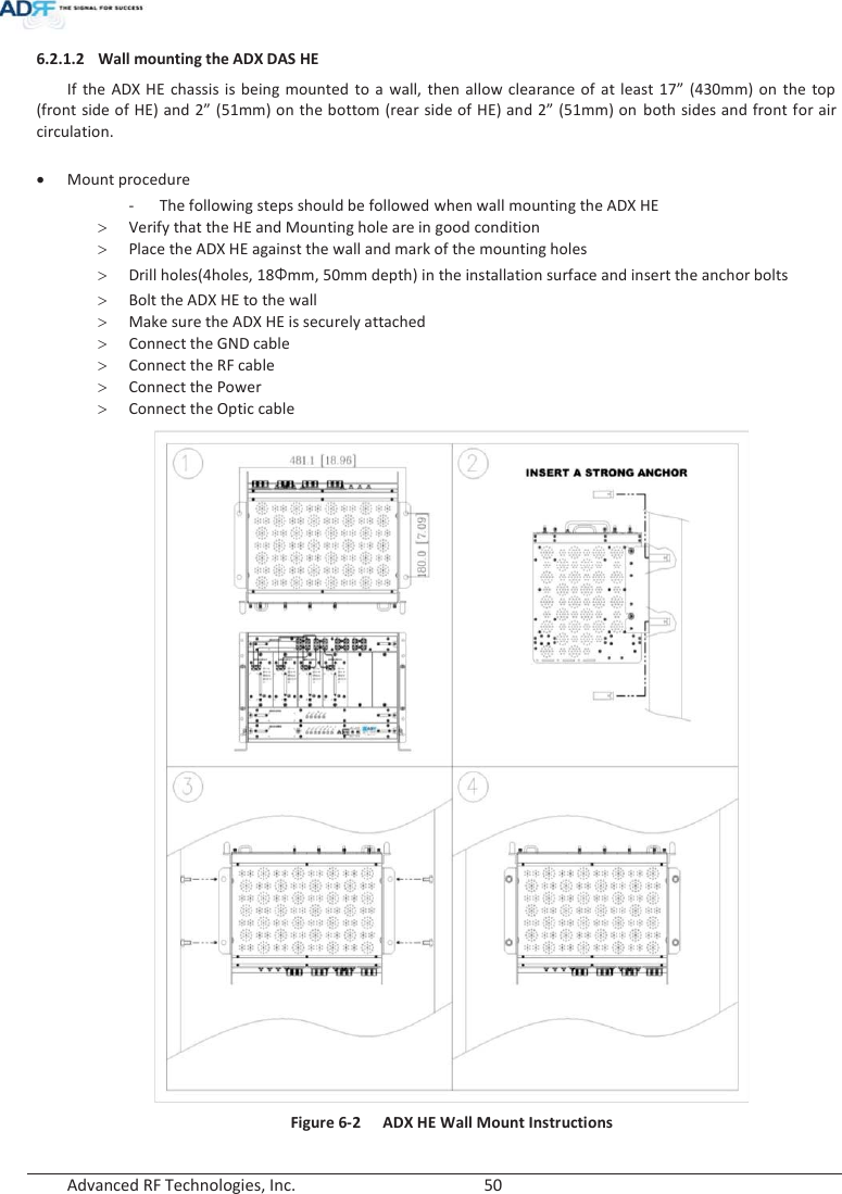  Advanced RF Technologies, Inc.        50   6.2.1.2 Wall mounting the ADX DAS HE If the ADX HE chassis is being mounted to a wall, then allow clearance of at least 17” (430mm) on the top (front side of HE) and 2” (51mm) on the bottom (rear side of HE) and 2” (51mm) on both sides and front for air circulation.  xMount procedure - The following steps should be followed when wall mounting the ADX HE !Verify that the HE and Mounting hole are in good condition !Place the ADX HE against the wall and mark of the mounting holes !Drill holes(4holes, 18Żmm, 50mm depth) in the installation surface and insert the anchor bolts !Bolt the ADX HE to the wall !Make sure the ADX HE is securely attached !Connect the GND cable !Connect the RF cable !Connect the Power !Connect the Optic cable  Figure 6-2 ADX HE Wall Mount Instructions 