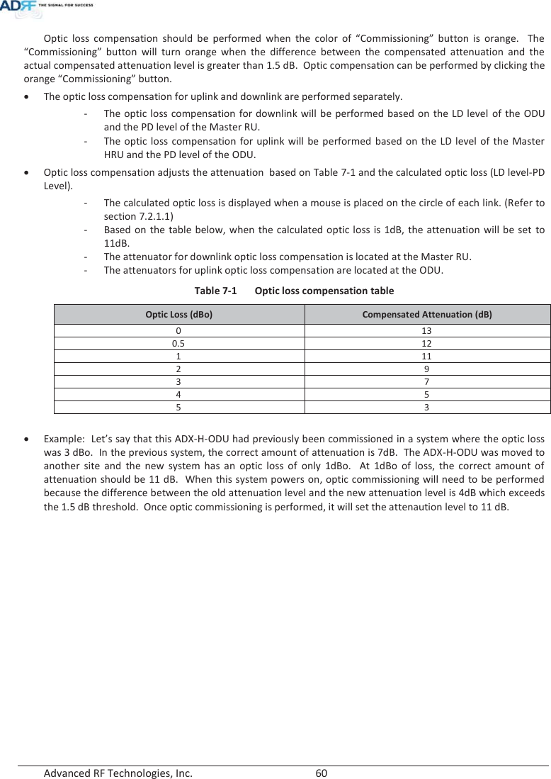  Advanced RF Technologies, Inc.        60   Optic loss compensation should be performed when the color of “Commissioning” button is orange.  The “Commissioning” button will turn orange when the difference between the compensated attenuation and the actual compensated attenuation level is greater than 1.5 dB.  Optic compensation can be performed by clicking the orange “Commissioning” button.     xThe optic loss compensation for uplink and downlink are performed separately. - The optic loss compensation for downlink will be performed based on the LD level of the ODU and the PD level of the Master RU. - The optic loss compensation for uplink will be performed based on the LD level of the Master HRU and the PD level of the ODU. xOptic loss compensation adjusts the attenuation  based on Table 7-1 and the calculated optic loss (LD level-PD Level). - The calculated optic loss is displayed when a mouse is placed on the circle of each link. (Refer to section 7.2.1.1) - Based on the table below, when the calculated optic loss is 1dB, the attenuation will be set to 11dB. - The attenuator for downlink optic loss compensation is located at the Master RU. - The attenuators for uplink optic loss compensation are located at the ODU. Table 7-1  Optic loss compensation table Optic Loss (dBo)  Compensated Attenuation (dB) 0 13 0.5 12 1 11 2 9 3 7 4 5 5 3  xExample:  Let’s say that this ADX-H-ODU had previously been commissioned in a system where the optic loss was 3 dBo.  In the previous system, the correct amount of attenuation is 7dB.  The ADX-H-ODU was moved to another site and the new system has an optic loss of only 1dBo.  At 1dBo of loss, the correct amount of attenuation should be 11 dB.  When this system powers on, optic commissioning will need to be performed because the difference between the old attenuation level and the new attenuation level is 4dB which exceeds the 1.5 dB threshold.  Once optic commissioning is performed, it will set the attenaution level to 11 dB.    