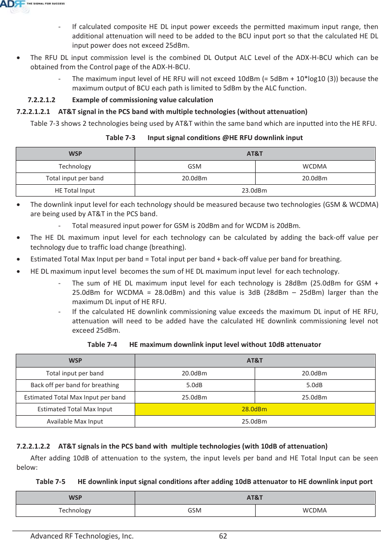  Advanced RF Technologies, Inc.        62   - If calculated composite HE DL input power exceeds the permitted maximum input range, then additional attenuation will need to be added to the BCU input port so that the calculated HE DL input power does not exceed 25dBm. xThe RFU DL input commission level is the combined DL Output ALC Level of the ADX-H-BCU which can be obtained from the Control page of the ADX-H-BCU. - The maximum input level of HE RFU will not exceed 10dBm (= 5dBm + 10*log10 (3)) because the maximum output of BCU each path is limited to 5dBm by the ALC function.  7.2.2.1.2 Example of commissioning value calculation 7.2.2.1.2.1 AT&amp;T signal in the PCS band with multiple technologies (without attenuation) Table 7-3 shows 2 technologies being used by AT&amp;T within the same band which are inputted into the HE RFU. Table 7-3  Input signal conditions @HE RFU downlink input WSP  AT&amp;T Technology GSM WCDMA Total input per band 20.0dBm 20.0dBm HE Total Input  23.0dBm xThe downlink input level for each technology should be measured because two technologies (GSM &amp; WCDMA) are being used by AT&amp;T in the PCS band. - Total measured input power for GSM is 20dBm and for WCDM is 20dBm. xThe HE DL maximum input level for each technology can be calculated by adding the back-off value per technology due to traffic load change (breathing).  xEstimated Total Max Input per band = Total input per band + back-off value per band for breathing. xHE DL maximum input level  becomes the sum of HE DL maximum input level  for each technology. - The sum of HE DL maximum input level for each technology is 28dBm (25.0dBm for GSM + 25.0dBm for WCDMA = 28.0dBm) and this value is 3dB (28dBm – 25dBm) larger than the maximum DL input of HE RFU. - If the calculated HE downlink commissioning value exceeds the maximum DL input of HE RFU, attenuation will need to be added have the calculated HE downlink commissioning level not exceed 25dBm. Table 7-4  HE maximum downlink input level without 10dB attenuator WSP  AT&amp;T Total input per band  20.0dBm  20.0dBm Back off per band for breathing  5.0dB  5.0dB Estimated Total Max Input per band 25.0dBm 25.0dBm Estimated Total Max Input 28.0dBm Available Max Input 25.0dBm  7.2.2.1.2.2 AT&amp;T signals in the PCS band with  multiple technologies (with 10dB of attenuation) After adding 10dB of attenuation to the system, the input levels per band and HE Total Input can be seen below: Table 7-5  HE downlink input signal conditions after adding 10dB attenuator to HE downlink input port WSP  AT&amp;T Technology GSM WCDMA 