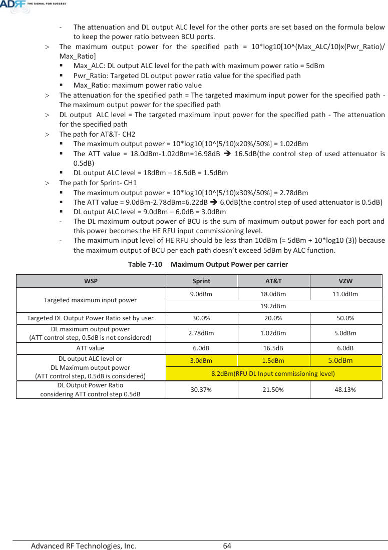  Advanced RF Technologies, Inc.        64   - The attenuation and DL output ALC level for the other ports are set based on the formula below to keep the power ratio between BCU ports. !The maximum output power for the specified path = 10*log10[10^(Max_ALC/10)x(Pwr_Ratio)/ Max_Ratio] Max_ALC: DL output ALC level for the path with maximum power ratio = 5dBm Pwr_Ratio: Targeted DL output power ratio value for the specified path Max_Ratio: maximum power ratio value !The attenuation for the specified path = The targeted maximum input power for the specified path - The maximum output power for the specified path !DL output  ALC level = The targeted maximum input power for the specified path - The attenuation for the specified path !The path for AT&amp;T- CH2 The maximum output power = 10*log10[10^(5/10)x20%/50%] = 1.02dBm The ATT value = 18.0dBm-1.02dBm=16.98dB Î 16.5dB(the control step of used attenuator is 0.5dB) DL output ALC level = 18dBm – 16.5dB = 1.5dBm !The path for Sprint- CH1 The maximum output power = 10*log10[10^(5/10)x30%/50%] = 2.78dBm The ATT value = 9.0dBm-2.78dBm=6.22dB Î 6.0dB(the control step of used attenuator is 0.5dB) DL output ALC level = 9.0dBm – 6.0dB = 3.0dBm - The DL maximum output power of BCU is the sum of maximum output power for each port and this power becomes the HE RFU input commissioning level. - The maximum input level of HE RFU should be less than 10dBm (= 5dBm + 10*log10 (3)) because the maximum output of BCU per each path doesn’t exceed 5dBm by ALC function. Table 7-10  Maximum Output Power per carrier WSP  Sprint  AT&amp;T  VZW Targeted maximum input power 9.0dBm 18.0dBm 11.0dBm 19.2dBm Targeted DL Output Power Ratio set by user  30.0%  20.0%  50.0% DL maximum output power (ATT control step, 0.5dB is not considered) 2.78dBm 1.02dBm  5.0dBm ATT value 6.0dB 16.5dB 6.0dB DL output ALC level or DL Maximum output power (ATT control step, 0.5dB is considered) 3.0dBm 1.5dBm 5.0dBm 8.2dBm(RFU DL Input commissioning level) DL Output Power Ratio considering ATT control step 0.5dB 30.37% 21.50% 48.13%   