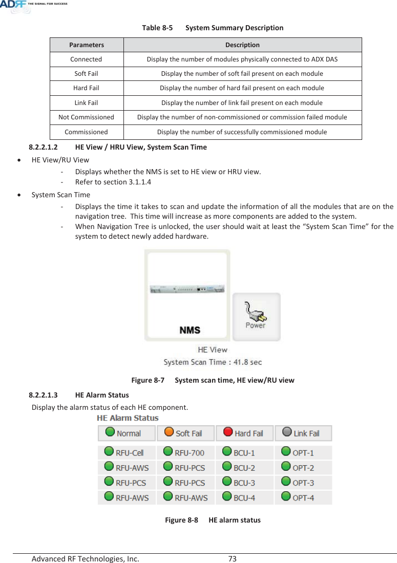  Advanced RF Technologies, Inc.        73   Table 8-5  System Summary Description Parameters  Description Connected  Display the number of modules physically connected to ADX DAS Soft Fail  Display the number of soft fail present on each module Hard Fail  Display the number of hard fail present on each module Link Fail  Display the number of link fail present on each module Not Commissioned Display the number of non-commissioned or commission failed module Commissioned  Display the number of successfully commissioned module 8.2.2.1.2 HE View / HRU View, System Scan Time xHE View/RU View - Displays whether the NMS is set to HE view or HRU view. - Refer to section 3.1.1.4 xSystem Scan Time - Displays the time it takes to scan and update the information of all the modules that are on the navigation tree.  This time will increase as more components are added to the system. -When Navigation Tree is unlocked, the user should wait at least the “System Scan Time” for the system to detect newly added hardware.  Figure 8-7  System scan time, HE view/RU view 8.2.2.1.3 HE Alarm Status  Display the alarm status of each HE component.   Figure 8-8  HE alarm status  