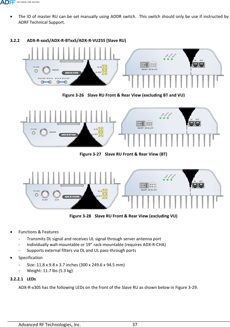  Advanced RF Technologies, Inc.        37    The ID of master RU can be set manually using ADDR switch.  This switch should only be use if instructed by ADRF Technical Support.  3.2.2 ADX-R-xxxS/ADX-R-BTxxS/ADX-R-VU25S (Slave RU) ADX-R-C30SDL INSERVERCPL(-30dB)UL OUTEF-DL OUT EF-DL IN EF-UL IN EF-UL OUTDC IN +27VON/OFFOUTPOWERSOFT FAILHARD FAILIN Figure 3-26  Slave RU Front &amp; Rear View (excluding BT and VU)   ADX-R-BT33SDL INSERVERCPL(-30dB)UL OUTDC IN +27VON/OFFOUTPOWERSOFT FAILHARD FAILIN Figure 3-27  Slave RU Front &amp; Rear View (BT)  DC IN +27VON/OFFOUTPOWERSOFT FAILHARD FAILIN Figure 3-28  Slave RU Front &amp; Rear View (excluding VU)   Functions &amp; Features - Transmits DL signal and receives UL signal through server antenna port - Individually wall-mountable or 19” rack-mountable (requires ADX-R-CHA) - Supports external filters via DL and UL pass-through ports  Specification - Size: 11.8 x 9.8 x 3.7 inches (300 x 249.6 x 94.5 mm) - Weight: 11.7 lbs (5.3 kg) 3.2.2.1 LEDs ADX-R-x30S has the following LEDs on the front of the Slave RU as shown below in Figure 3-29. ADX-R-VU25SDL INDL OUTCPL(-30dB)UL OUTUL IN