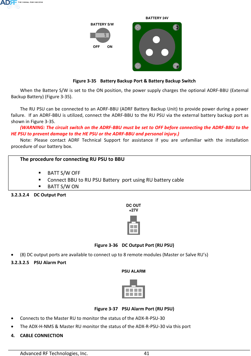  Advanced RF Technologies, Inc.        41       BATTERY S/WBATTERY 24VOFFOFF        ON Figure 3-35  Battery Backup Port &amp; Battery Backup Switch When the Battery S/W is set to the  ON position, the power supply charges the optional ADRF-BBU (External Backup Battery) (Figure 3-35).  The RU PSU can be connected to an ADRF-BBU (ADRF Battery Backup Unit) to provide power during a power failure.  If an ADRF-BBU is utilized, connect the ADRF-BBU to the RU PSU via the external battery backup port as shown in Figure 3-35. (WARNING: The circuit switch on the ADRF-BBU must be set to OFF before connecting the ADRF-BBU to the HE PSU to prevent damage to the HE PSU or the ADRF-BBU and personal injury.) Note:  Please  contact  ADRF  Technical  Support  for  assistance  if  you  are  unfamiliar  with  the  installation procedure of our battery box.  The procedure for connecting RU PSU to BBU   BATT S/W OFF  Connect BBU to RU PSU Battery  port using RU battery cable  BATT S/W ON 3.2.3.2.4 DC Output Port DC OUT+27V Figure 3-36  DC Output Port (RU PSU)  (8) DC output ports are available to connect up to 8 remote modules (Master or Salve RU’s) 3.2.3.2.5 PSU Alarm Port PSU ALARM Figure 3-37  PSU Alarm Port (RU PSU)  Connects to the Master RU to monitor the status of the ADX-R-PSU-30  The ADX-H-NMS &amp; Master RU monitor the status of the ADX-R-PSU-30 via this port 4. CABLE CONNECTION 