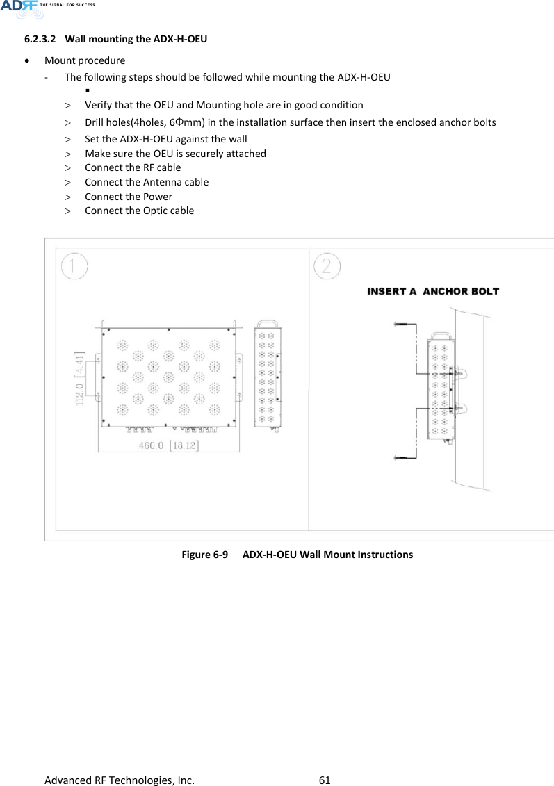  Advanced RF Technologies, Inc.        61   6.2.3.2 Wall mounting the ADX-H-OEU  Mount procedure - The following steps should be followed while mounting the ADX-H-OEU    Verify that the OEU and Mounting hole are in good condition  Drill holes(4holes, 6Φmm) in the installation surface then insert the enclosed anchor bolts  Set the ADX-H-OEU against the wall  Make sure the OEU is securely attached  Connect the RF cable  Connect the Antenna cable  Connect the Power  Connect the Optic cable   Figure 6-9  ADX-H-OEU Wall Mount Instructions   