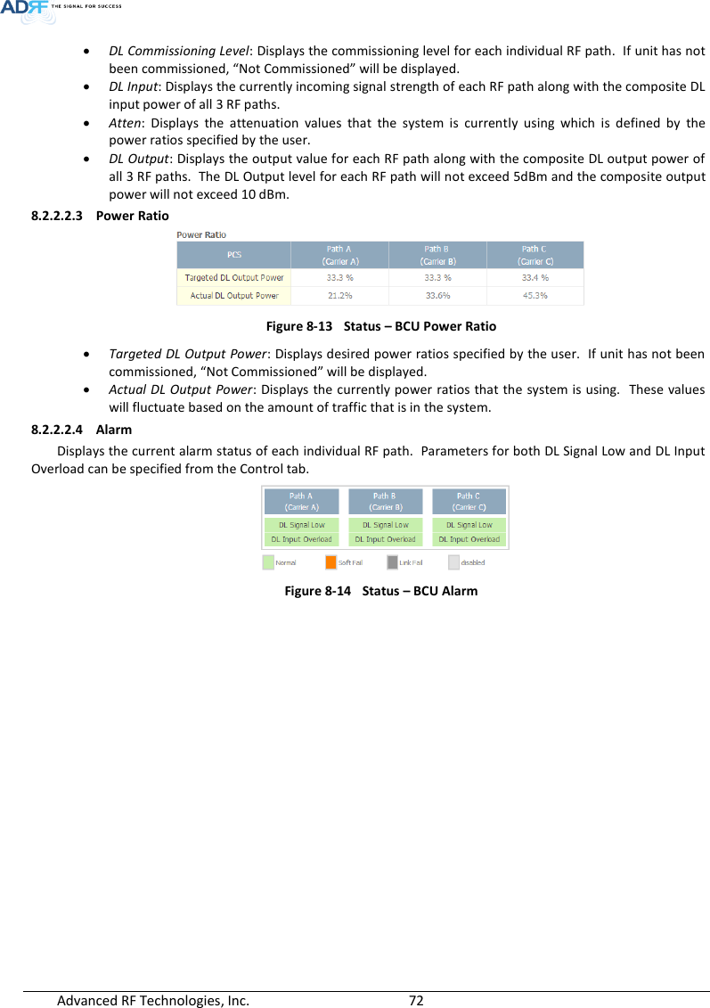  Advanced RF Technologies, Inc.        72    DL Commissioning Level: Displays the commissioning level for each individual RF path.  If unit has not been commissioned, “Not Commissioned” will be displayed.  DL Input: Displays the currently incoming signal strength of each RF path along with the composite DL input power of all 3 RF paths.  Atten:  Displays  the  attenuation  values  that  the  system  is  currently  using  which  is  defined  by  the power ratios specified by the user.  DL Output: Displays the output value for each RF path along with the composite DL output power of all 3 RF paths.  The DL Output level for each RF path will not exceed 5dBm and the composite output power will not exceed 10 dBm.  8.2.2.2.3 Power Ratio  Figure 8-13  Status – BCU Power Ratio  Targeted DL Output Power: Displays desired power ratios specified by the user.  If unit has not been commissioned, “Not Commissioned” will be displayed.  Actual DL Output Power: Displays the currently power  ratios that the system is using.  These values will fluctuate based on the amount of traffic that is in the system. 8.2.2.2.4 Alarm Displays the current alarm status of each individual RF path.  Parameters for both DL Signal Low and DL Input Overload can be specified from the Control tab.  Figure 8-14  Status – BCU Alarm    