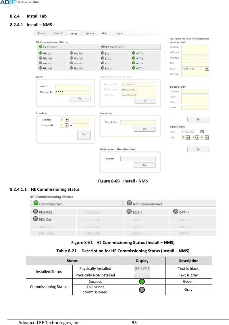  Advanced RF Technologies, Inc.        93   8.2.4 Install Tab 8.2.4.1 Install – NMS  Figure 8-60  Install - NMS 8.2.4.1.1 HE Commissioning Status  Figure 8-61  HE Commissioning Status (Install – NMS) Table 8-21  Description for HE Commissioning Status (Install – NMS) Status Display Description Installed Status Physically Installed  Text is black Physically Not-Installed  Text is gray Commissioning Status Success  Green Fail or not commissioned  Gray    