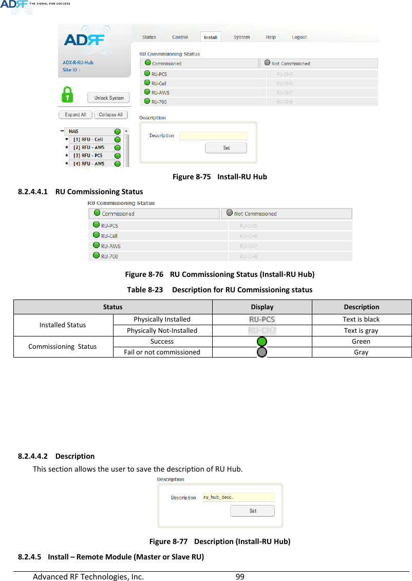  Advanced RF Technologies, Inc.        99    Figure 8-75  Install-RU Hub 8.2.4.4.1 RU Commissioning Status   Figure 8-76  RU Commissioning Status (Install-RU Hub) Table 8-23  Description for RU Commissioning status Status Display Description Installed Status Physically Installed  Text is black Physically Not-Installed  Text is gray Commissioning  Status Success  Green Fail or not commissioned  Gray          8.2.4.4.2 Description This section allows the user to save the description of RU Hub.  Figure 8-77  Description (Install-RU Hub) 8.2.4.5 Install – Remote Module (Master or Slave RU)  