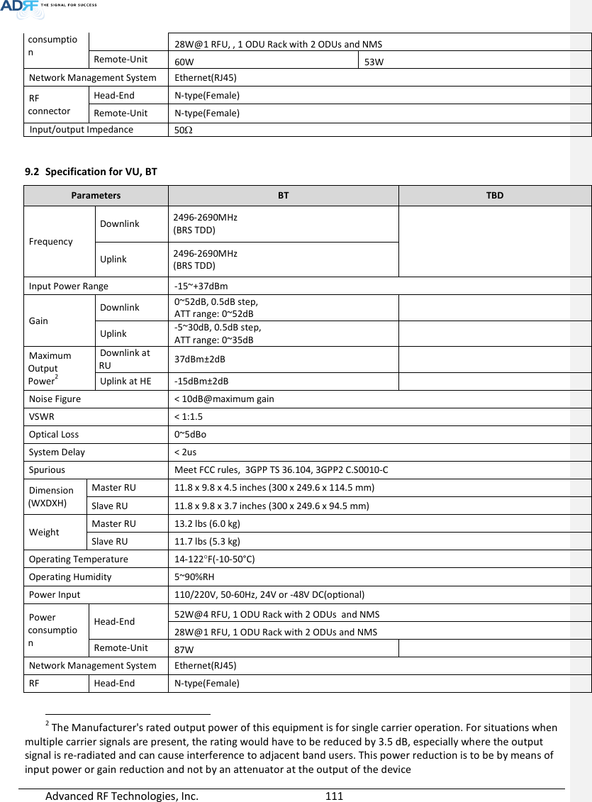  Advanced RF Technologies, Inc.        111   consumption 28W@1 RFU, , 1 ODU Rack with 2 ODUs and NMS Remote-Unit 60W 53W Network Management System Ethernet(RJ45) RF connector Head-End N-type(Female) Remote-Unit N-type(Female) Input/output Impedance 50  9.2 Specification for VU, BT Parameters BT TBD Frequency Downlink 2496-2690MHz (BRS TDD)  Uplink 2496-2690MHz (BRS TDD)  Input Power Range -15~+37dBm Gain Downlink 0~52dB, 0.5dB step,  ATT range: 0~52dB  Uplink -5~30dB, 0.5dB step,  ATT range: 0~35dB  Maximum Output Power2 Downlink at RU 37dBm±2dB  Uplink at HE -15dBm±2dB  Noise Figure &lt; 10dB@maximum gain VSWR &lt; 1:1.5 Optical Loss 0~5dBo System Delay &lt; 2us Spurious Meet FCC rules,  3GPP TS 36.104, 3GPP2 C.S0010-C Dimension (WXDXH) Master RU 11.8 x 9.8 x 4.5 inches (300 x 249.6 x 114.5 mm) Slave RU 11.8 x 9.8 x 3.7 inches (300 x 249.6 x 94.5 mm) Weight Master RU 13.2 lbs (6.0 kg) Slave RU 11.7 lbs (5.3 kg) Operating Temperature 14-122F(-10-50°C) Operating Humidity 5~90%RH Power Input 110/220V, 50-60Hz, 24V or -48V DC(optional) Power consumption Head-End 52W@4 RFU, 1 ODU Rack with 2 ODUs  and NMS 28W@1 RFU, 1 ODU Rack with 2 ODUs and NMS Remote-Unit 87W  Network Management System Ethernet(RJ45) RF Head-End N-type(Female)                                                                     2 The Manufacturer&apos;s rated output power of this equipment is for single carrier operation. For situations when multiple carrier signals are present, the rating would have to be reduced by 3.5 dB, especially where the output signal is re-radiated and can cause interference to adjacent band users. This power reduction is to be by means of input power or gain reduction and not by an attenuator at the output of the device 