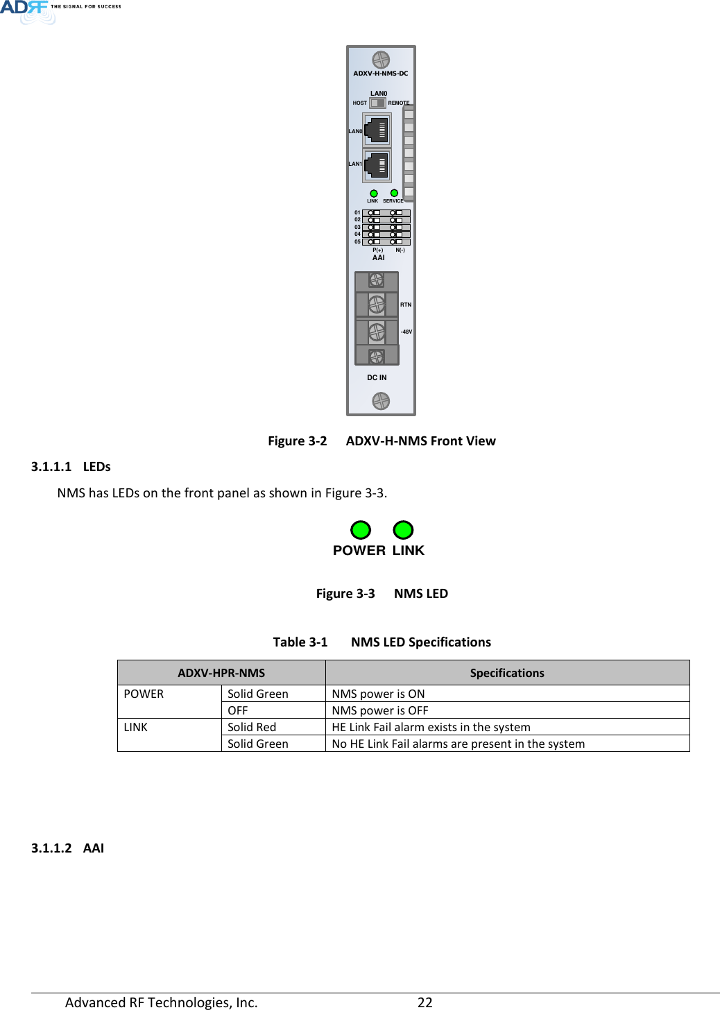  Advanced RF Technologies, Inc.       22    Figure 3-2  ADXV-H-NMS Front View 3.1.1.1 LEDs NMS has LEDs on the front panel as shown in Figure 3-3.  Figure 3-3  NMS LED  Table 3-1  NMS LED Specifications ADXV-HPR-NMS Specifications POWER Solid Green NMS power is ON OFF NMS power is OFF LINK Solid Red HE Link Fail alarm exists in the system Solid Green No HE Link Fail alarms are present in the system    3.1.1.2 AAI AAISERVICEHOSTADXV-H-NMS-DCLAN1LAN0LAN0RTN-48VDC INREMOTE0102030405P(+)LINKN(-)LINKPOWER