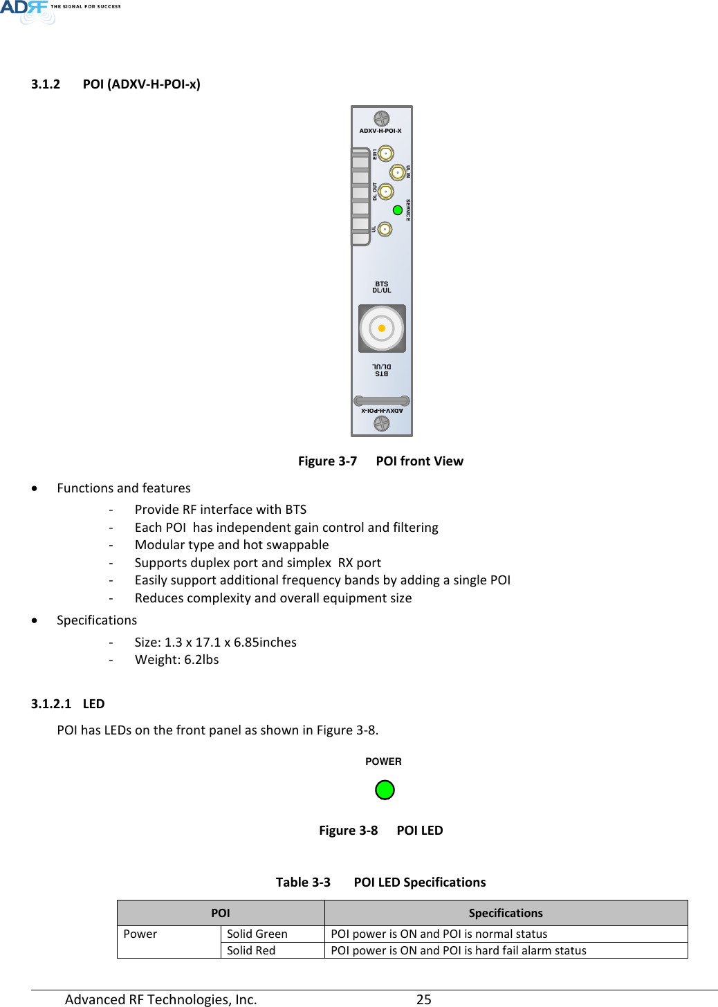  Advanced RF Technologies, Inc.       25    3.1.2 POI (ADXV-H-POI-x)    Figure 3-7  POI front View • Functions and features - Provide RF interface with BTS - Each POI  has independent gain control and filtering - Modular type and hot swappable - Supports duplex port and simplex  RX port - Easily support additional frequency bands by adding a single POI - Reduces complexity and overall equipment size • Specifications - Size: 1.3 x 17.1 x 6.85inches - Weight: 6.2lbs  3.1.2.1 LED POI has LEDs on the front panel as shown in Figure 3-8.  Figure 3-8  POI LED  Table 3-3  POI LED Specifications POI Specifications Power Solid Green POI power is ON and POI is normal status Solid Red POI power is ON and POI is hard fail alarm status UL INDL OUTSERVICEE911DL/ULADXV-H-POI-XADXV-H-POI-XULDL/ULBTSBTSPOWER