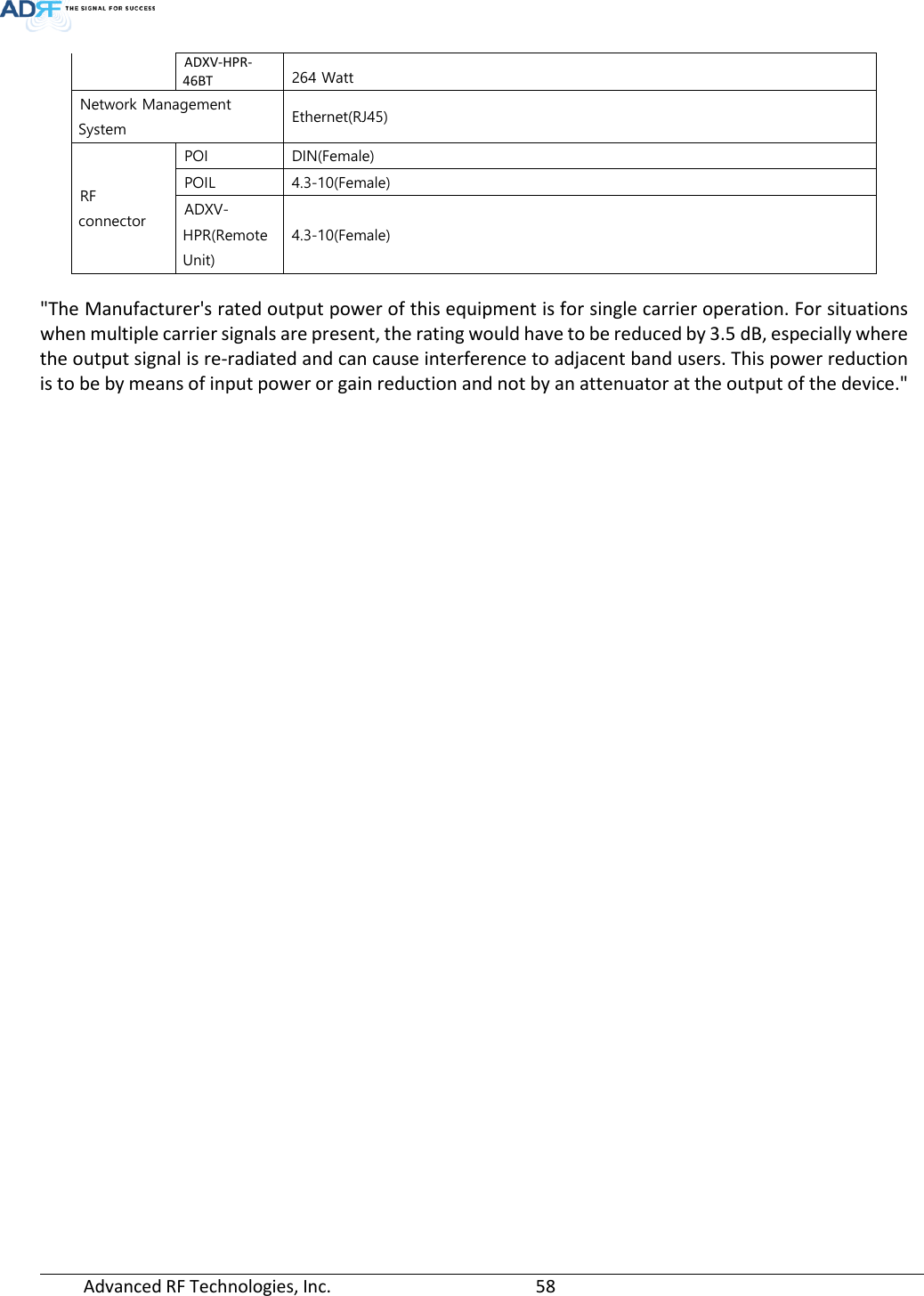  Advanced RF Technologies, Inc.       58   ADXV-HPR-46BT 264 Watt Network Management System  Ethernet(RJ45) RF connector POI DIN(Female)  POIL  4.3-10(Female) ADXV-HPR(Remote Unit) 4.3-10(Female)  &quot;The Manufacturer&apos;s rated output power of this equipment is for single carrier operation. For situations when multiple carrier signals are present, the rating would have to be reduced by 3.5 dB, especially where the output signal is re-radiated and can cause interference to adjacent band users. This power reduction is to be by means of input power or gain reduction and not by an attenuator at the output of the device.&quot;     