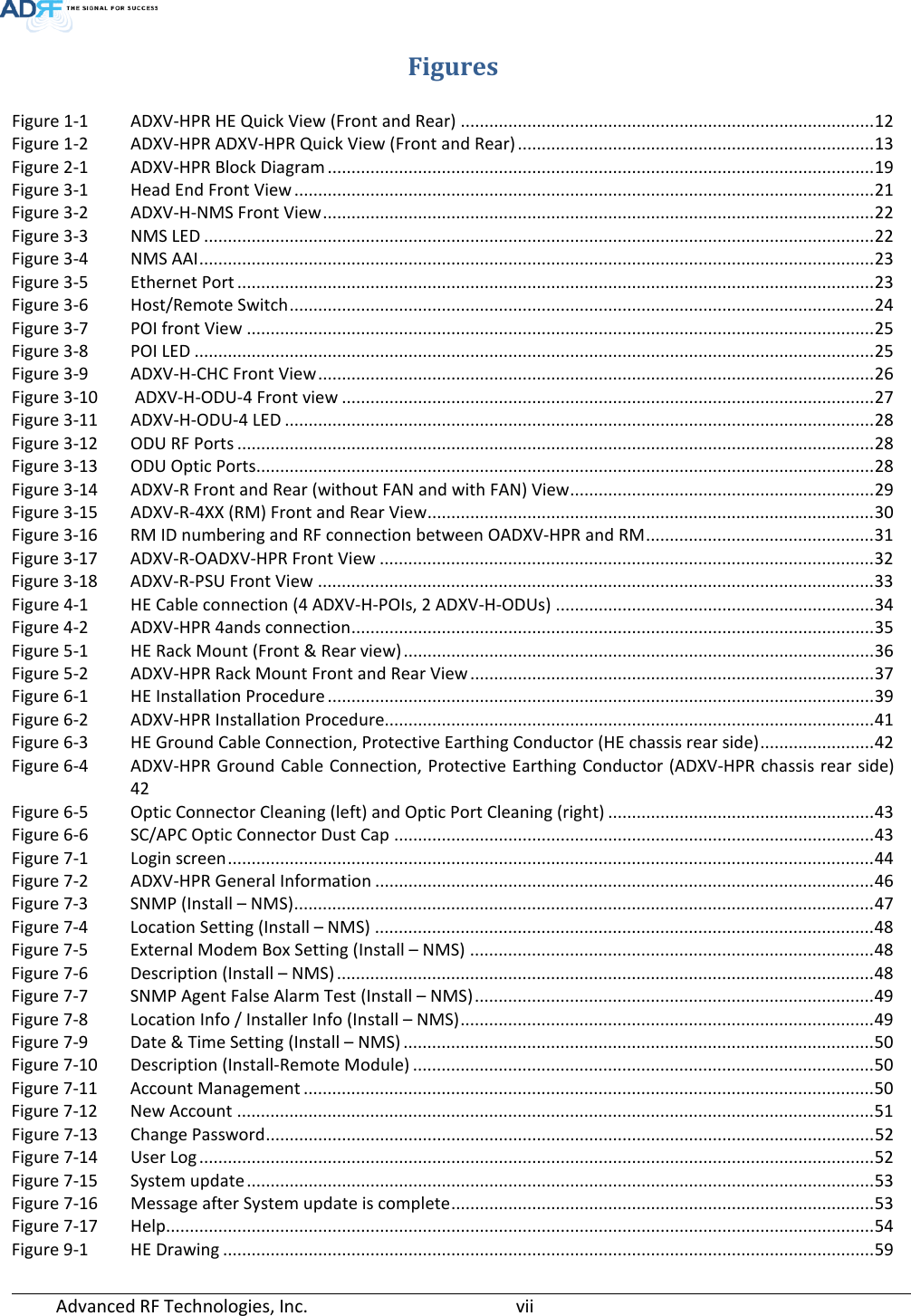  Advanced RF Technologies, Inc.       vii   Figures Figure 1-1 ADXV-HPR HE Quick View (Front and Rear) ....................................................................................... 12 Figure 1-2 ADXV-HPR ADXV-HPR Quick View (Front and Rear) ........................................................................... 13 Figure 2-1 ADXV-HPR Block Diagram ................................................................................................................... 19 Figure 3-1 Head End Front View .......................................................................................................................... 21 Figure 3-2 ADXV-H-NMS Front View .................................................................................................................... 22 Figure 3-3 NMS LED ............................................................................................................................................. 22 Figure 3-4 NMS AAI .............................................................................................................................................. 23 Figure 3-5 Ethernet Port ...................................................................................................................................... 23 Figure 3-6 Host/Remote Switch ........................................................................................................................... 24 Figure 3-7 POI front View .................................................................................................................................... 25 Figure 3-8 POI LED ............................................................................................................................................... 25 Figure 3-9 ADXV-H-CHC Front View ..................................................................................................................... 26 Figure 3-10  ADXV-H-ODU-4 Front view ................................................................................................................ 27 Figure 3-11 ADXV-H-ODU-4 LED ............................................................................................................................ 28 Figure 3-12 ODU RF Ports ...................................................................................................................................... 28 Figure 3-13 ODU Optic Ports.................................................................................................................................. 28 Figure 3-14 ADXV-R Front and Rear (without FAN and with FAN) View ................................................................ 29 Figure 3-15 ADXV-R-4XX (RM) Front and Rear View .............................................................................................. 30 Figure 3-16 RM ID numbering and RF connection between OADXV-HPR and RM ................................................ 31 Figure 3-17 ADXV-R-OADXV-HPR Front View ........................................................................................................ 32 Figure 3-18 ADXV-R-PSU Front View ..................................................................................................................... 33 Figure 4-1 HE Cable connection (4 ADXV-H-POIs, 2 ADXV-H-ODUs) ................................................................... 34 Figure 4-2 ADXV-HPR 4ands connection .............................................................................................................. 35 Figure 5-1 HE Rack Mount (Front &amp; Rear view) ................................................................................................... 36 Figure 5-2 ADXV-HPR Rack Mount Front and Rear View ..................................................................................... 37 Figure 6-1 HE Installation Procedure ................................................................................................................... 39 Figure 6-2 ADXV-HPR Installation Procedure....................................................................................................... 41 Figure 6-3 HE Ground Cable Connection, Protective Earthing Conductor (HE chassis rear side) ........................ 42 Figure 6-4 ADXV-HPR Ground Cable Connection, Protective Earthing Conductor (ADXV-HPR chassis rear side) 42 Figure 6-5 Optic Connector Cleaning (left) and Optic Port Cleaning (right) ........................................................ 43 Figure 6-6 SC/APC Optic Connector Dust Cap ..................................................................................................... 43 Figure 7-1 Login screen ........................................................................................................................................ 44 Figure 7-2 ADXV-HPR General Information ......................................................................................................... 46 Figure 7-3 SNMP (Install – NMS) .......................................................................................................................... 47 Figure 7-4 Location Setting (Install – NMS) ......................................................................................................... 48 Figure 7-5 External Modem Box Setting (Install – NMS) ..................................................................................... 48 Figure 7-6 Description (Install – NMS) ................................................................................................................. 48 Figure 7-7 SNMP Agent False Alarm Test (Install – NMS) .................................................................................... 49 Figure 7-8  Location Info / Installer Info (Install – NMS) ....................................................................................... 49 Figure 7-9 Date &amp; Time Setting (Install – NMS) ................................................................................................... 50 Figure 7-10 Description (Install-Remote Module) ................................................................................................. 50 Figure 7-11 Account Management ........................................................................................................................ 50 Figure 7-12 New Account ...................................................................................................................................... 51 Figure 7-13 Change Password ................................................................................................................................ 52 Figure 7-14 User Log .............................................................................................................................................. 52 Figure 7-15 System update .................................................................................................................................... 53 Figure 7-16 Message after System update is complete ......................................................................................... 53 Figure 7-17 Help..................................................................................................................................................... 54 Figure 9-1 HE Drawing ......................................................................................................................................... 59 