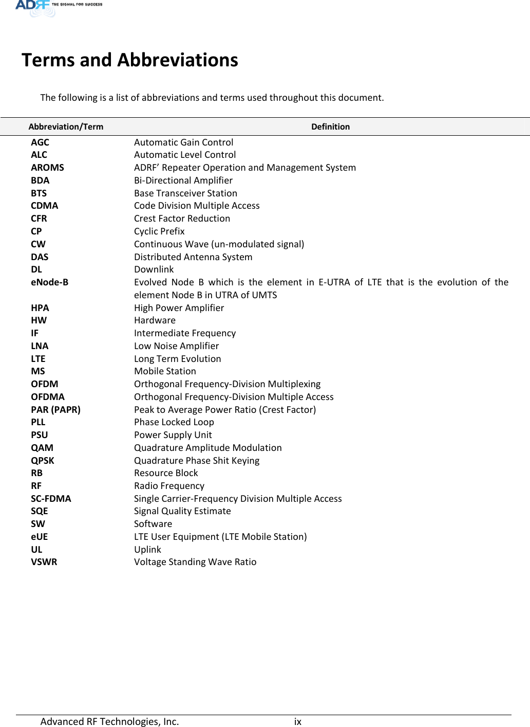  Advanced RF Technologies, Inc.         ix     Terms and Abbreviations  The following is a list of abbreviations and terms used throughout this document.  Abbreviation/Term  Definition AGC  Automatic Gain Control ALC  Automatic Level Control AROMS  ADRF’ Repeater Operation and Management System BDA  Bi-Directional Amplifier BTS  Base Transceiver Station CDMA  Code Division Multiple Access CFR  Crest Factor Reduction CP  Cyclic Prefix CW  Continuous Wave (un-modulated signal) DAS  Distributed Antenna System DL  Downlink eNode-B  Evolved Node B which is the element in E-UTRA of LTE that is the evolution of the element Node B in UTRA of UMTS HPA  High Power Amplifier HW  Hardware IF  Intermediate Frequency LNA   Low Noise Amplifier LTE  Long Term Evolution MS  Mobile Station  OFDM   Orthogonal Frequency-Division Multiplexing OFDMA  Orthogonal Frequency-Division Multiple Access PAR (PAPR)  Peak to Average Power Ratio (Crest Factor) PLL  Phase Locked Loop PSU  Power Supply Unit QAM  Quadrature Amplitude Modulation QPSK  Quadrature Phase Shit Keying RB  Resource Block RF  Radio Frequency SC-FDMA  Single Carrier-Frequency Division Multiple Access SQE  Signal Quality Estimate SW  Software eUE  LTE User Equipment (LTE Mobile Station) UL  Uplink VSWR  Voltage Standing Wave Ratio  