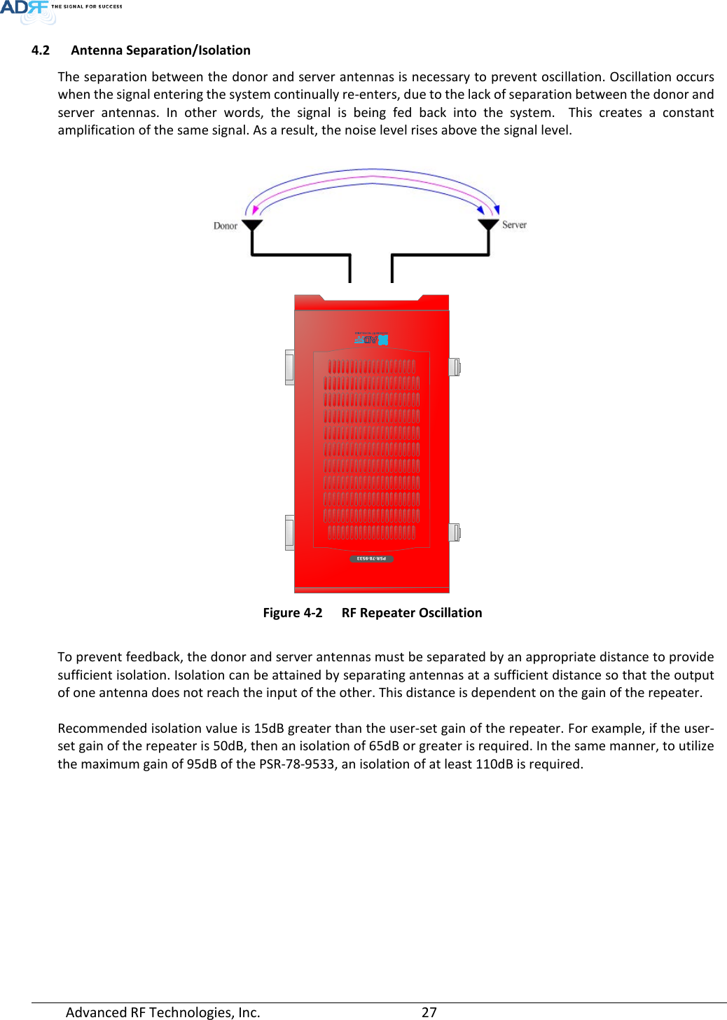  Advanced RF Technologies, Inc.       27   4.2 Antenna Separation/Isolation The separation between the donor and server antennas is necessary to prevent oscillation. Oscillation occurs when the signal entering the system continually re-enters, due to the lack of separation between the donor and server antennas. In other words, the signal is being fed back into the system.  This creates a constant amplification of the same signal. As a result, the noise level rises above the signal level.    Figure 4-2  RF Repeater Oscillation  To prevent feedback, the donor and server antennas must be separated by an appropriate distance to provide sufficient isolation. Isolation can be attained by separating antennas at a sufficient distance so that the output of one antenna does not reach the input of the other. This distance is dependent on the gain of the repeater.  Recommended isolation value is 15dB greater than the user-set gain of the repeater. For example, if the user-set gain of the repeater is 50dB, then an isolation of 65dB or greater is required. In the same manner, to utilize the maximum gain of 95dB of the PSR-78-9533, an isolation of at least 110dB is required.     PSR-78-9533